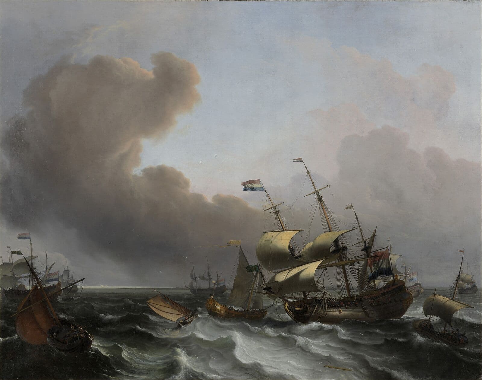 Ludolf Bakhuizen, Sztorm na holenderskim wybrzeżu, 1682, olej - wzburzone morze pod niebem rozdzielonym na dwie połowy, nad lewą piętrzy się ciemna kłębiasta chmura, prawa jest jasna i niemal pusta. Na wodzie duży żaglowiec z napiętym płótnem przechyla się na burtę, a tuż obok niewielka łódź z wioślarzami zapada się między grzbietami fal. Powierzchnia wody jest rozbita na drobne, spienione czuby i szerokie, ciężkie wały.