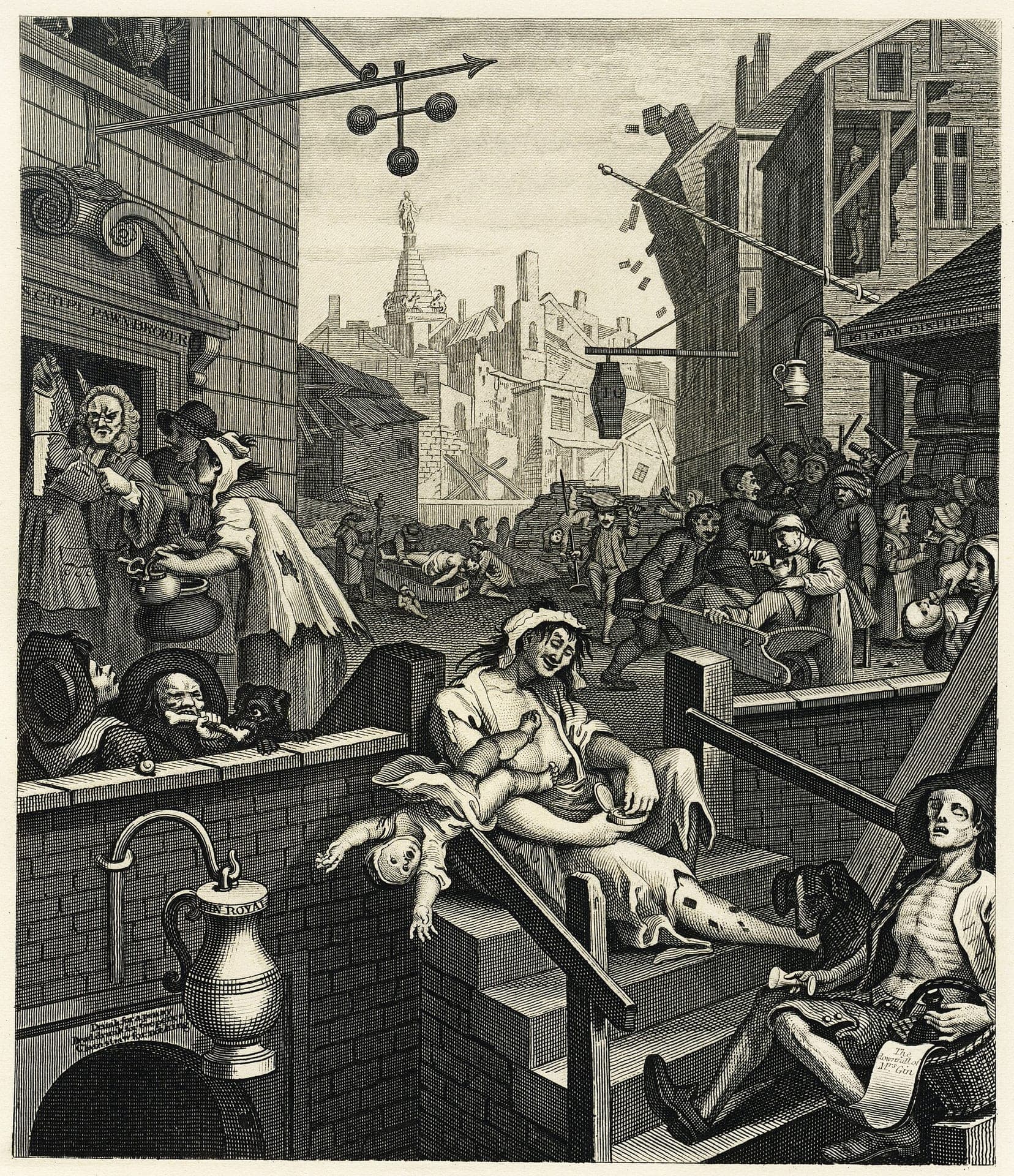 William Hogarth, Gin Lane, 1751, rycina - zatłoczona, rozpadająca się londyńska uliczka zniszczona tanim ginem: na pierwszym planie pijana, zaniedbana kobieta osuwa się na schodach, a jej niemowlę wypada z rąk przez balustradę; wokół nędza, wychudli ludzie, zastaw rzeczy w lombardzie i trumna, a jedynymi prosperującymi szyldami są lichwiarz i grabarz; spotęgowany, oskarżycielski obraz społecznego zła