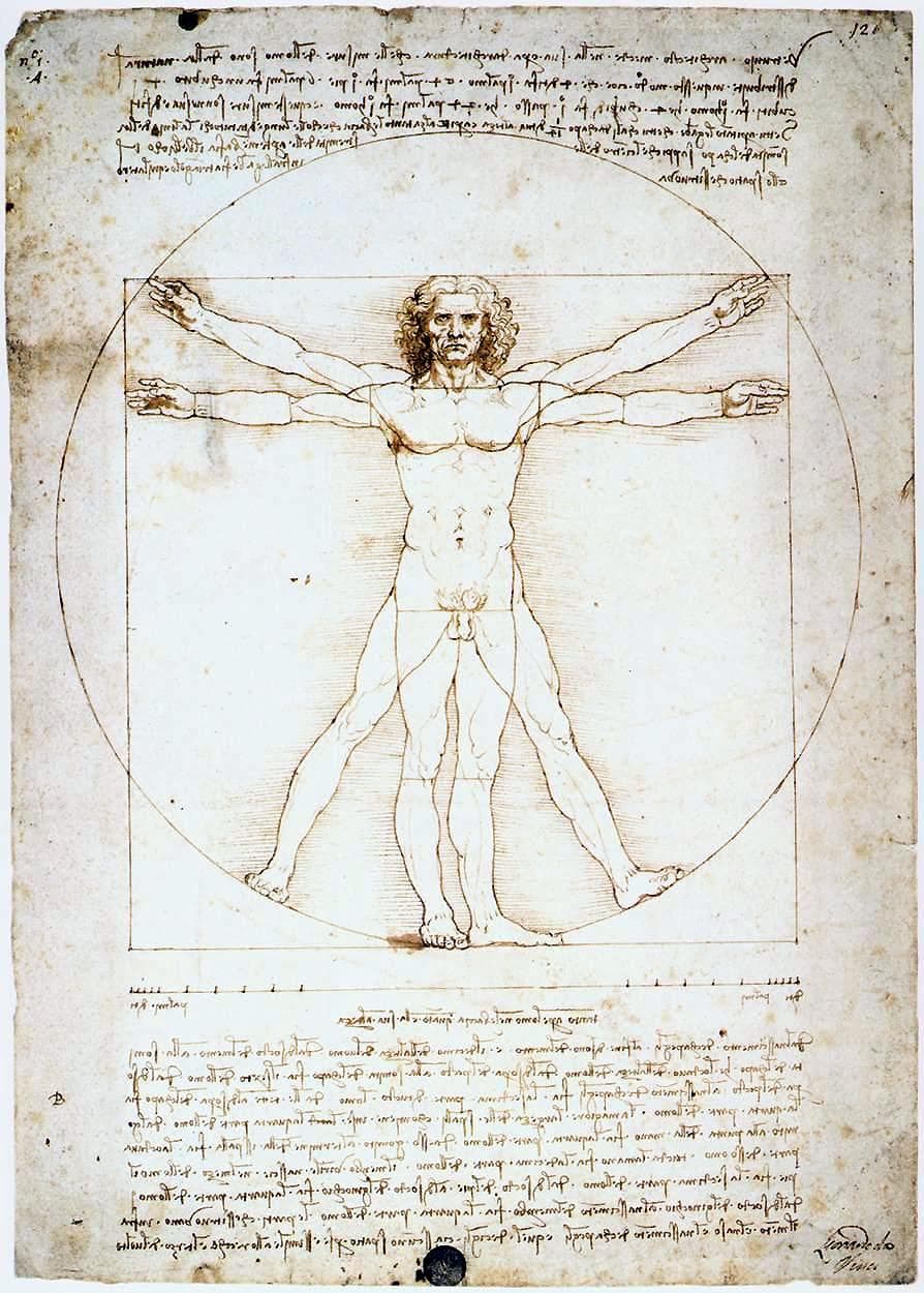 Leonardo da Vinci, Człowiek witruwiański, ok. 1490 — rysunek piórem: nagi mężczyzna z dwiema parami rąk i nóg wpisany w koło i kwadrat, nad rysunkiem i pod nim odręczne notatki pismem lustrzanym, pod stopami podziałka