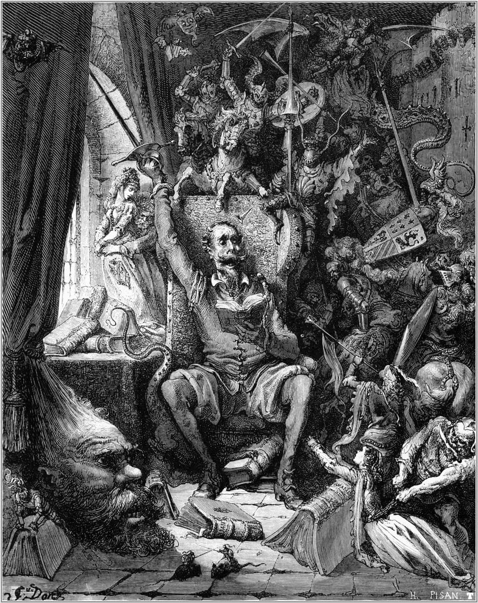 Gustave Doré, Don Kichot pośród rycerskich książek, ilustracja z 1863 — pierwsza scena, która buduje sympatię czytelnika