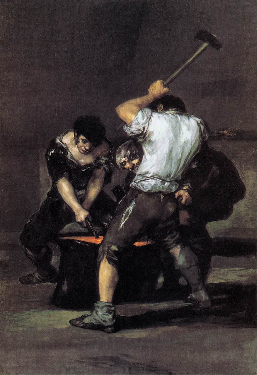 Francisco Goya, Kuźnia (ok. 1817) - trzej kowale zamaszyście kują żelazo przy kowadle