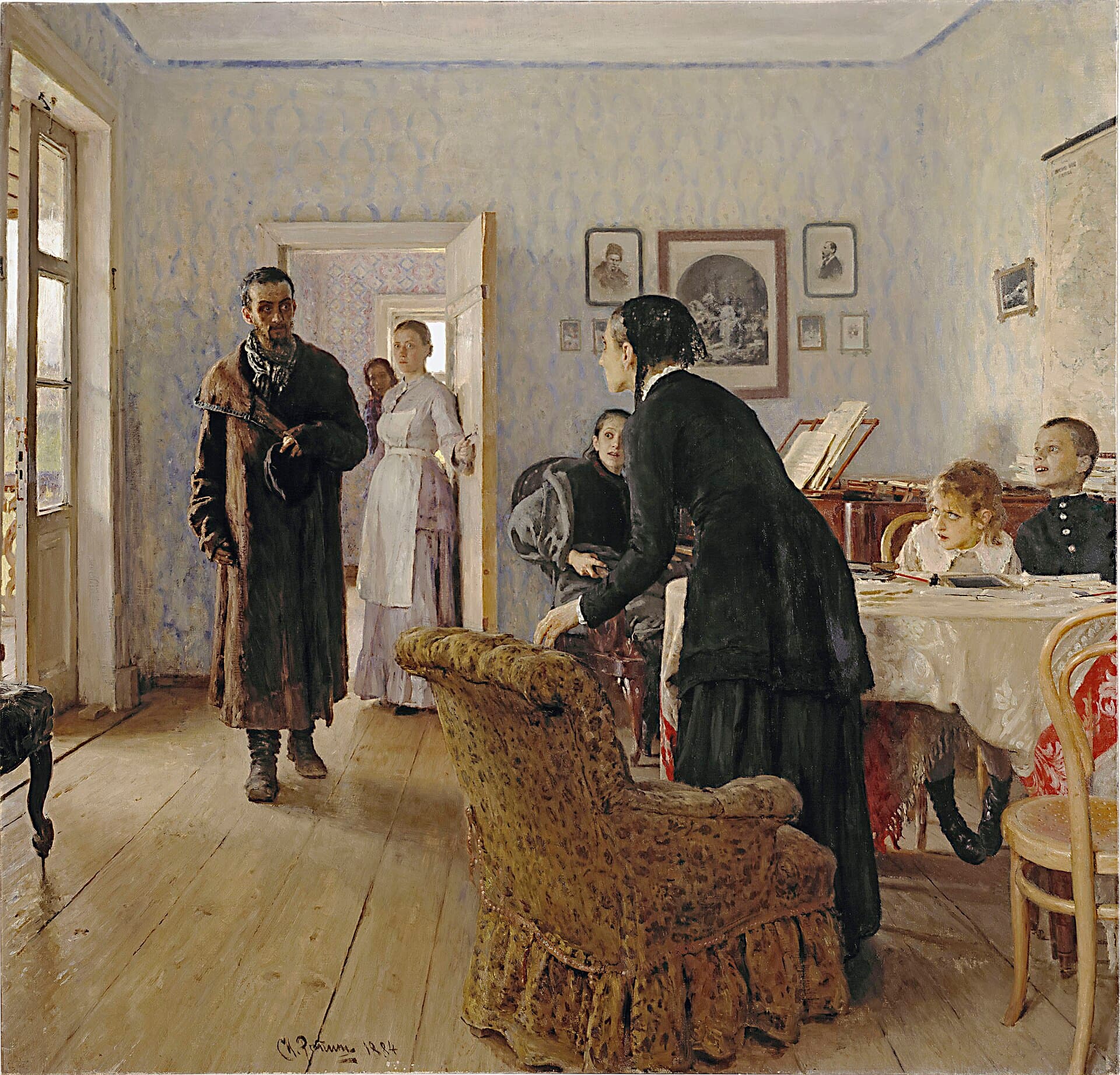 Ilja Riepin, Nie spodziewali się, 1884–1888 — mieszczański pokój z fortepianem po lewej, stołem nakrytym obrusem pośrodku i oprawionymi rycinami na ścianach. W otwartych drzwiach w głębi stoi wychudzony mężczyzna w długim, znoszonym płaszczu i wysokich butach. Z fotela naprzeciw drzwi dźwiga się ku niemu starsza kobieta w czerni. Przy fortepianie młoda kobieta odwraca głowę, a przy stole siedzi chłopiec i dziewczynka, oboje z uniesionym wzrokiem.