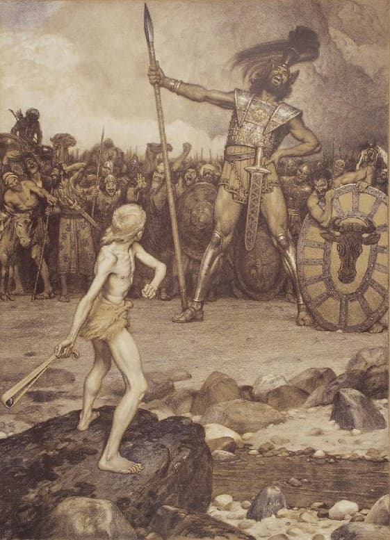 Osmar Schindler, Dawid i Goliat, 1888, olej na płótnie - bosy chłopiec w krótkiej tunice stoi w rozkroku nad kamienistym potokiem i trzyma procę w opuszczonej ręce, naprzeciw niego góruje zbrojny olbrzym w hełmie, z tarczą i włócznią, a w głębi po prawej stoi tłum żołnierzy przyglądających się starciu