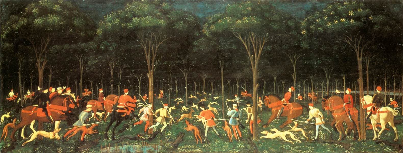 Paolo Uccello, Polowanie w lesie, ok. 1470, tempera i olej na desce - bardzo szeroki, niski format. Ciemny las nocą, pnie drzew ustawione rzędami, na trawie krzewy i drobne kwiaty. Przez las pędzą myśliwi w czerwonych i błękitnych strojach, część konno, część pieszo, a razem z nimi smukłe psy gończe i płowe jelenie. Wszystkie sylwetki zmierzają w tę samą stronę i maleją ku jasnemu prześwitowi pośrodku, w głębi obrazu.
