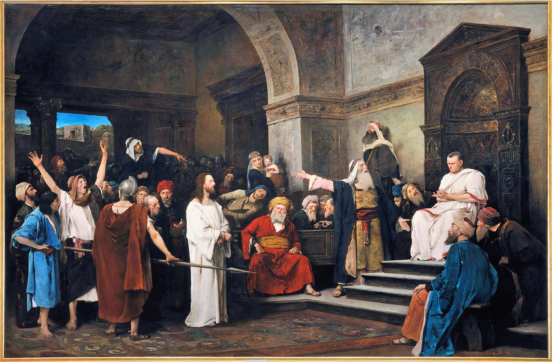 Mihály Munkácsy, Chrystus przed Piłatem, 1881, olej - w rzymskiej sali sądowej stoi oskarżony w białej szacie ze splecionymi dłońmi, naprzeciw niego wzburzony tłum z podniesionymi rękami i wyciągniętą ręką oskarżyciela, a wyżej, ponad kamiennymi stopniami, siedzi namiestnik w todze