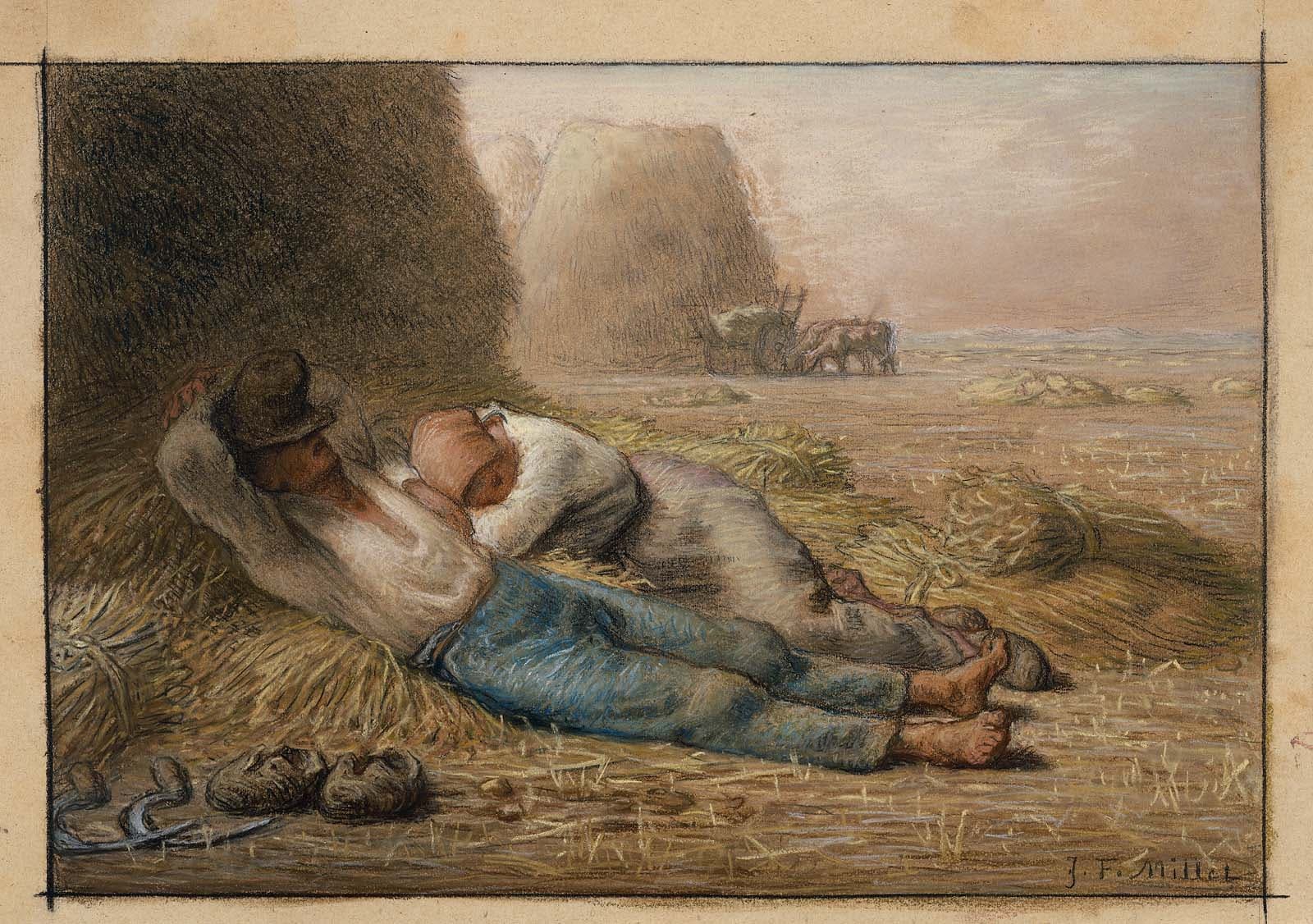 Jean-François Millet, Południowy odpoczynek, 1866 — dwoje śpiących leży na wznak na słomie, ramię przy ramieniu, u podnóża ciemnego stogu, który zajmuje całą lewą stronę arkusza. Mężczyzna ma niebieskie spodnie i jasną koszulę, kobieta białą bluzkę i popielatą spódnicę, a dalej ciągnie się rozjaśnione, płaskie ściernisko pod bladym niebem.