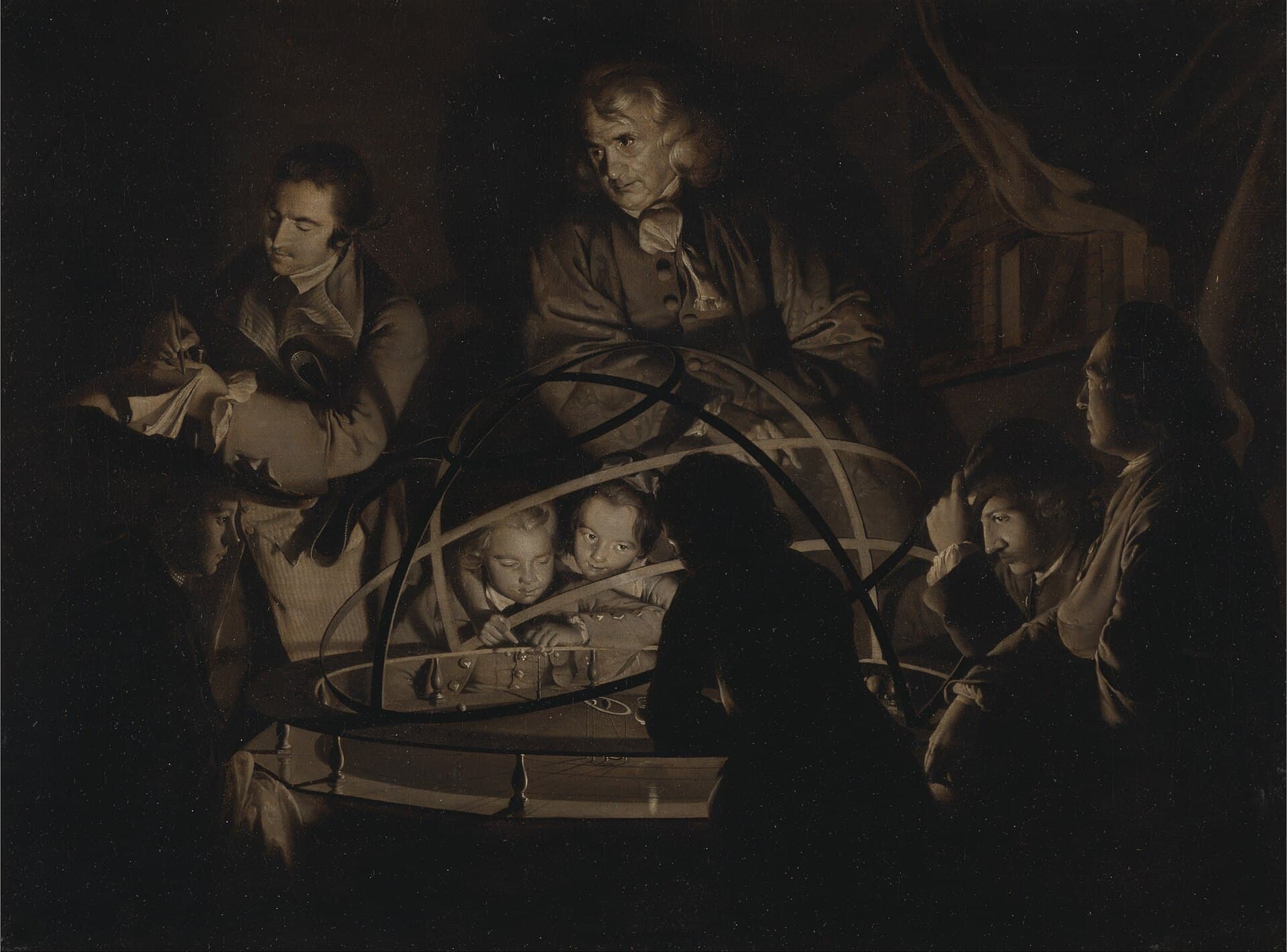 Joseph Wright of Derby, Wykład o planetarium (orrery), ok. 1766 - w niemal czarnym wnętrzu kilkoro ludzi tłoczy się wokół dużego modelu z metalowych obręczy: siwy mężczyzna w obszernej szacie pochyla się nad nim od tyłu, z lewej młodzieniec robi notatki na kartce, dwoje dzieci zagląda między obręcze, na pierwszym planie ktoś siedzi tyłem do widza, cały czarny. Jedyne światło bije z wnętrza modelu i podświetla twarze od dołu.