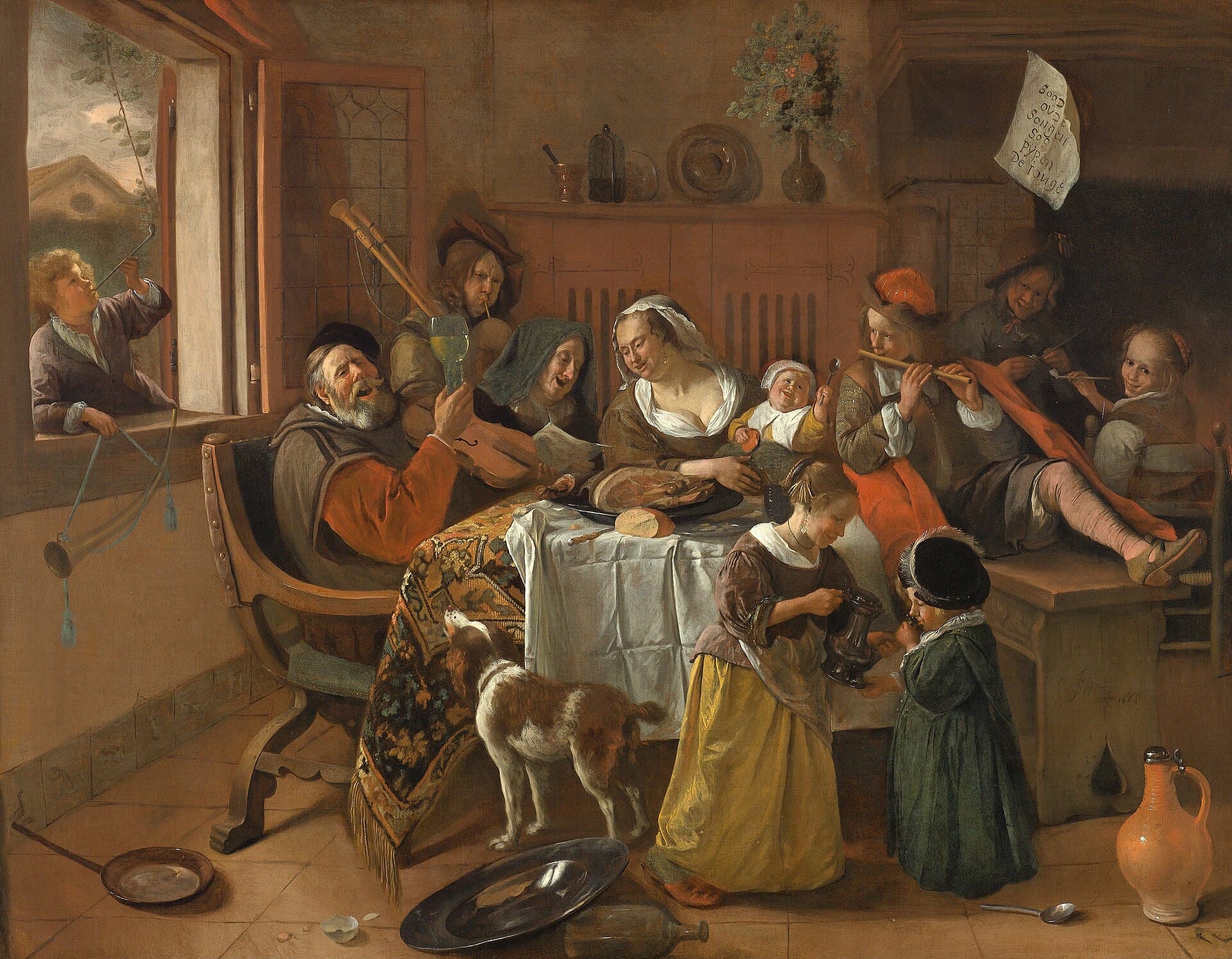 Jan Steen, Strzeż się zbytku (1663, Kunsthistorisches Museum w Wiedniu) — ciasne, rozświetlone wnętrze holenderskiego domu, w którym naraz mieści się kilkanaście postaci i zwierząt. Pośrodku siedzi kobieta w żółtej jedwabnej sukni z wyciągniętą nogą, obok niej mężczyzna unosi kieliszek, w głębi gra skrzypek, pies zajada z półmiska wprost ze stołu, a po podłodze walają się karty, fajka, przewrócony cynowy dzban i czarny kapelusz.