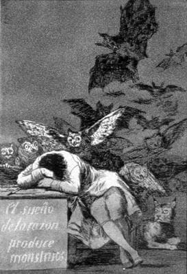 Johann Heinrich Füssli, Koszmar nocny (1781) - śpiąca kobieta odchylona do tyłu, na jej piersi przysiadł demon, z ciemności wychyla się łeb konia