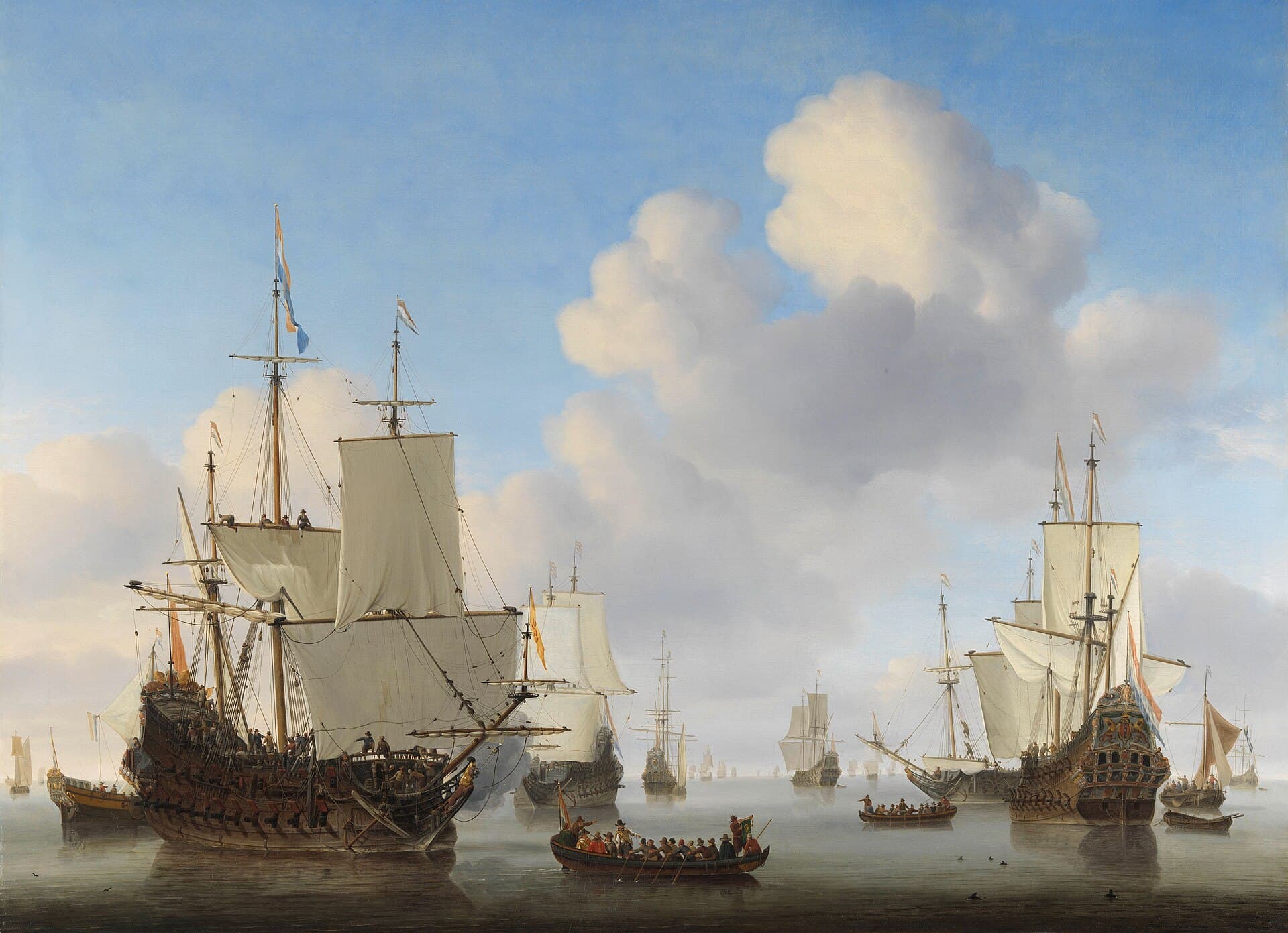 Willem van de Velde młodszy, Holenderskie okręty podczas ciszy morskiej, 1665, Rijksmuseum w Amsterdamie - niebo z jasnymi obłokami zajmuje większość płótna, pod nim woda bez jednej zmarszczki. Kilka dużych żaglowców i mniejszych łodzi stoi nieruchomo, płótna żagli obwisają przy rejach, bandery przywarły do drzewców. Dwaj marynarze siedzą okrakiem na rei wysoko nad pokładem. Jedyny ruch na obrazie daje ciężko obładowana szalupa idąca na wiosłach na pierwszym planie. W wodzie odbijają się kadłuby i takielunek.
