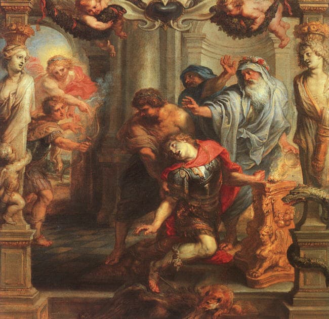 Peter Paul Rubens, Śmierć Achillesa — strzała Parisa przebija piętę, dosłowna wizualizacja tragicznej skazy