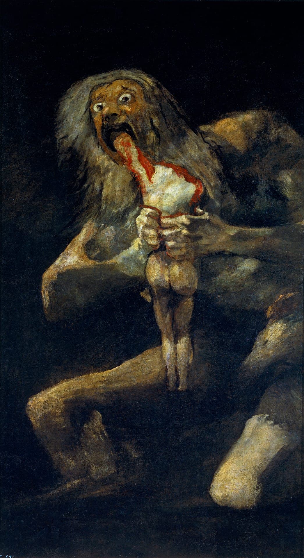Francisco Goya, Saturn pożerający syna 1819-1823, Museo del Prado — część Czarnych Obrazów z Quinta del Sordo, klasyczne wizualne źródło horroru w sztuce zachodniej