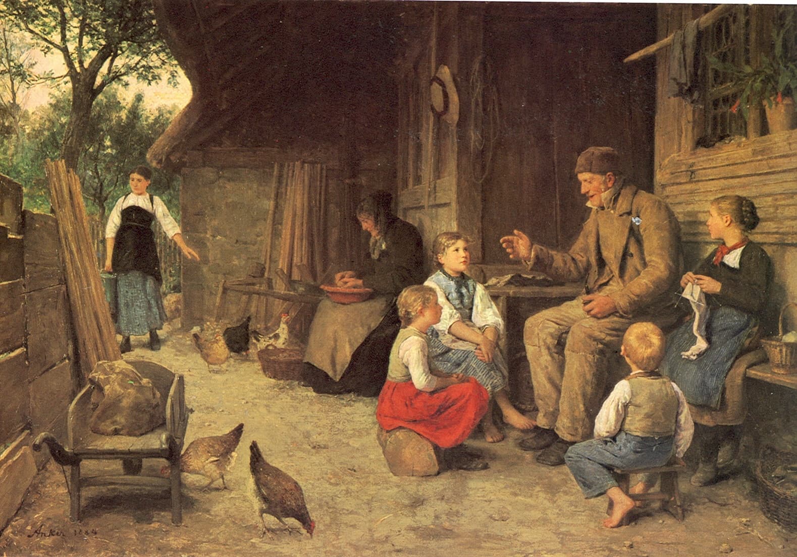 Albert Anker, Dziadek opowiada historię, 1884, olej na płótnie — pod okapem wiejskiej zagrody siedzi siwy mężczyzna w czapce i mówi do czworga dzieci: najmniejszy chłopiec siedzi na stołku tyłem do widza, dwie bose dziewczynki, jedna w czerwonej spódnicy, przycupnęły naprzeciw i patrzą mu w twarz, a starsza dziewczyna stoi przy ścianie z robótką w rękach. W głębi ciemnego podwórza kobieta siedzi przy stole nad okrągłą miską
