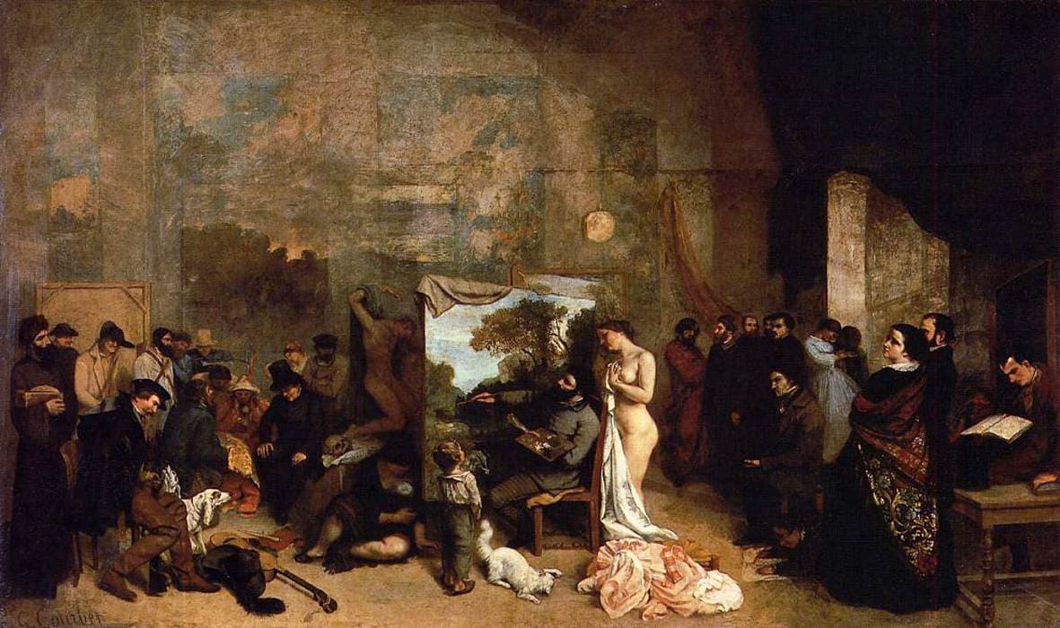 Gustave Courbet, Pracownia malarza (L'Atelier du peintre) 1855, Musée d'Orsay — w wielkiej pracowni malarz siedzi pośrodku przed dużym płótnem z pejzażem, za nim stoi naga modelka z białym prześcieradłem, u jego stóp mały chłopiec i biały kot; po lewej gromada rozmaitych postaci z psem, przy nich porzucone na podłodze gitara i sztylet, po prawej eleganckie towarzystwo i mężczyzna czytający książkę przy stole