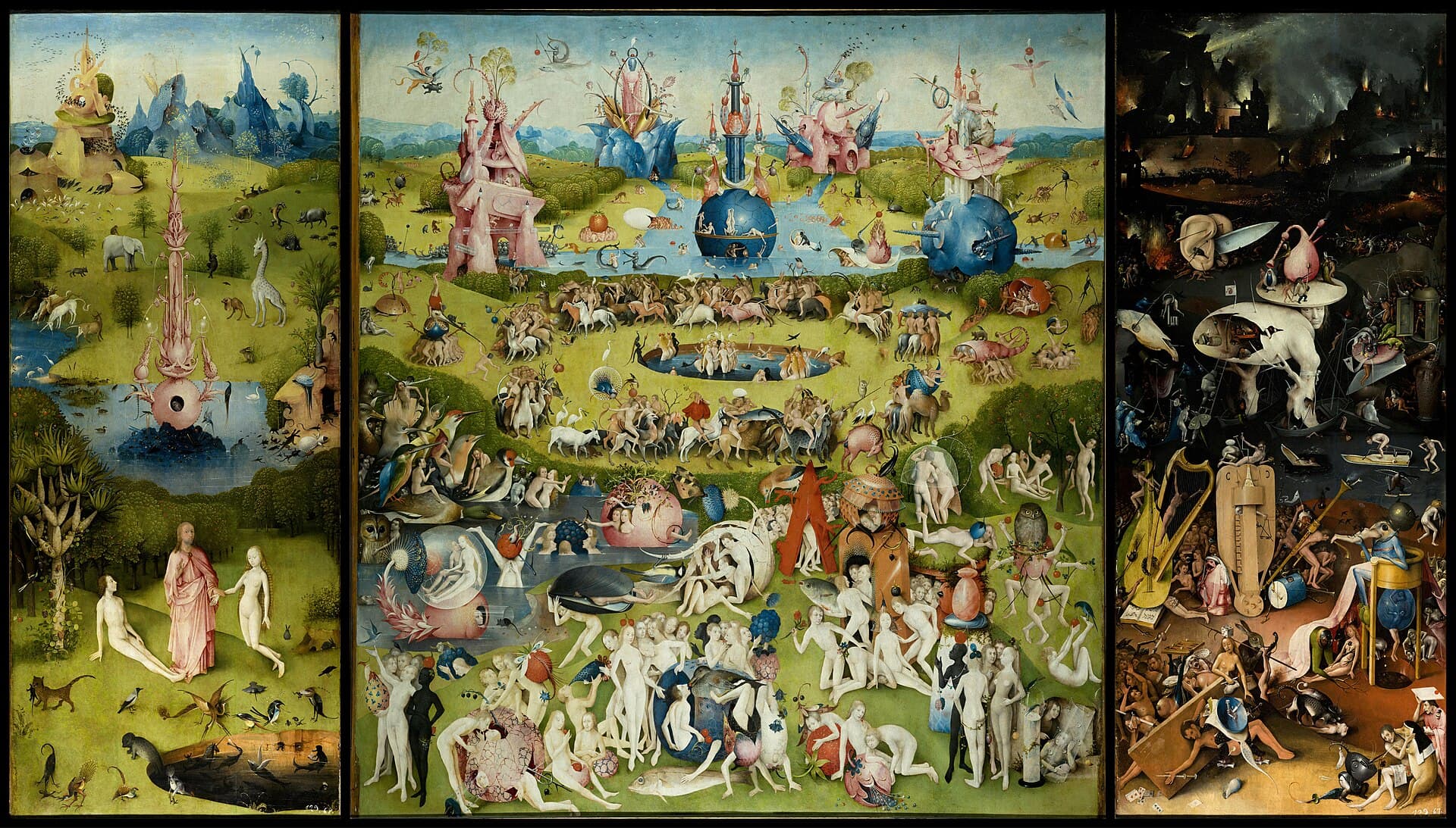 Hieronymus Bosch, Ogród rozkoszy ziemskiej tryptyk 1490-1510, Museo del Prado - trzy panele Eden, świat ludzi, piekło - dosłowne uniwersum z trzema spin-offami w jednej ramie