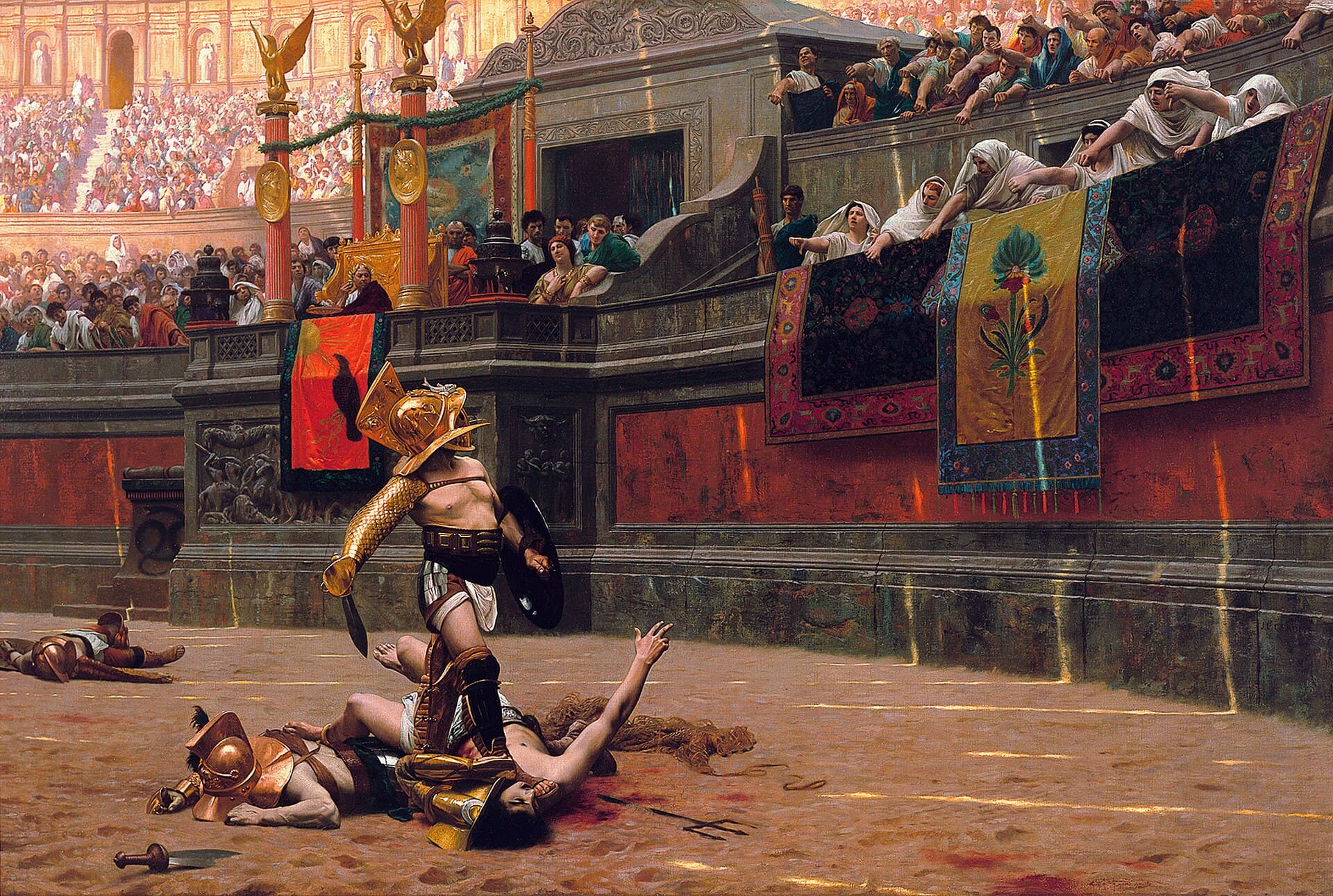 Jean-Léon Gérôme, Pollice verso 1872, Phoenix Art Museum - na piasku areny Koloseum zwycięski gladiator w hełmie stoi nad leżącym przeciwnikiem, spoglądając w górę ku trybunom, gdzie westalki i rozentuzjazmowany tłum kierują kciuki w dół, żądając śmierci; obraz sportu jako krwawego widowiska i władzy tłumu