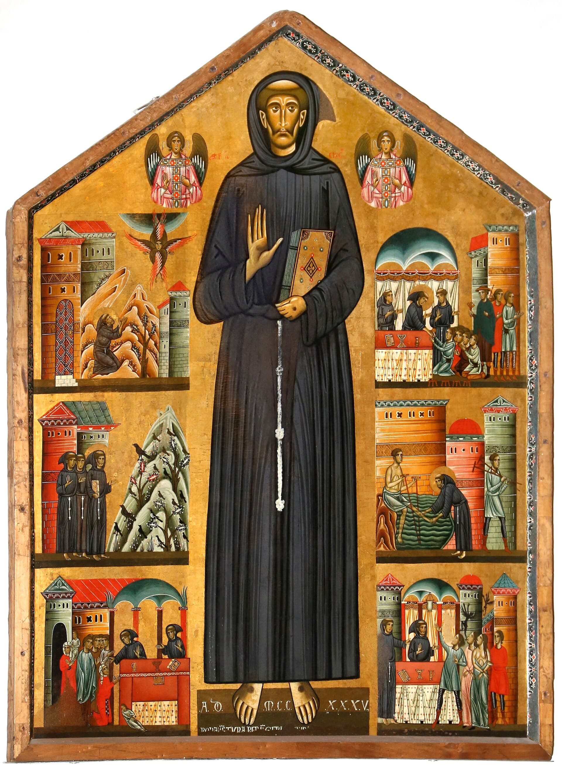 Bonaventura Berlinghieri, Św. Franciszek i sceny z jego życia, 1235, tempera na desce, kościół San Francesco w Pescii. Wysoki, wąski panel na złotym tle. Pośrodku stoi frontalnie mnich w brązowym habicie przepasanym sznurem, z widocznymi ranami na dłoniach i stopach, trzymający zamkniętą księgę. Po jego lewej i prawej stronie umieszczono po trzy małe, obramowane pola, jedno nad drugim. W każdym z nich stłoczono kilka drobnych, schematycznych postaci na czerwonym albo błękitnym tle.