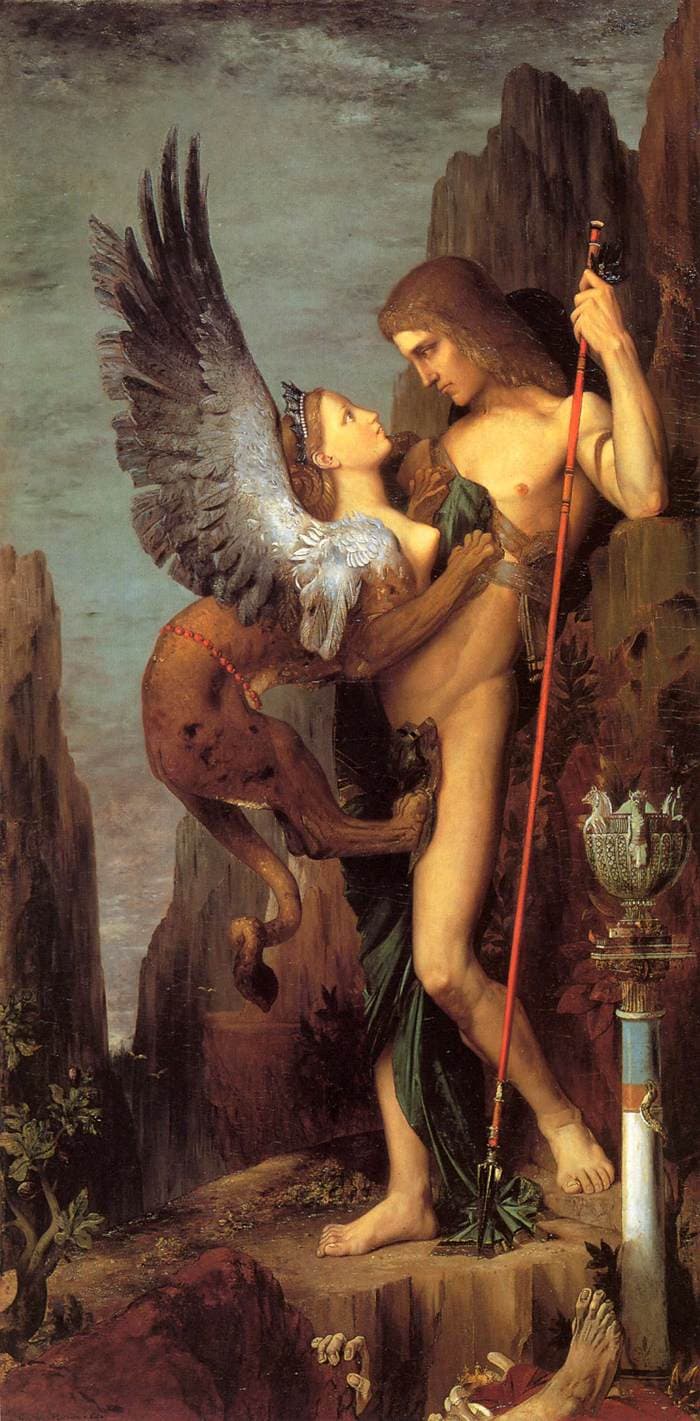 Gustave Moreau, 1864, olej na płótnie, Metropolitan Museum of Art w Nowym Jorku — w wąskim skalnym przejściu stoi nagi młodzieniec z włócznią trzymaną pionowo, a do jego piersi wczepia się przednimi łapami skrzydlate stworzenie o kobiecej twarzy i lwim ciele; ich twarze dzieli kilka centymetrów, u stóp mężczyzny bieleją ludzkie kości, z prawej strony na pasiastej kolumnie stoi zdobiona urna, a w głębi widać jasne niebo nad skałami