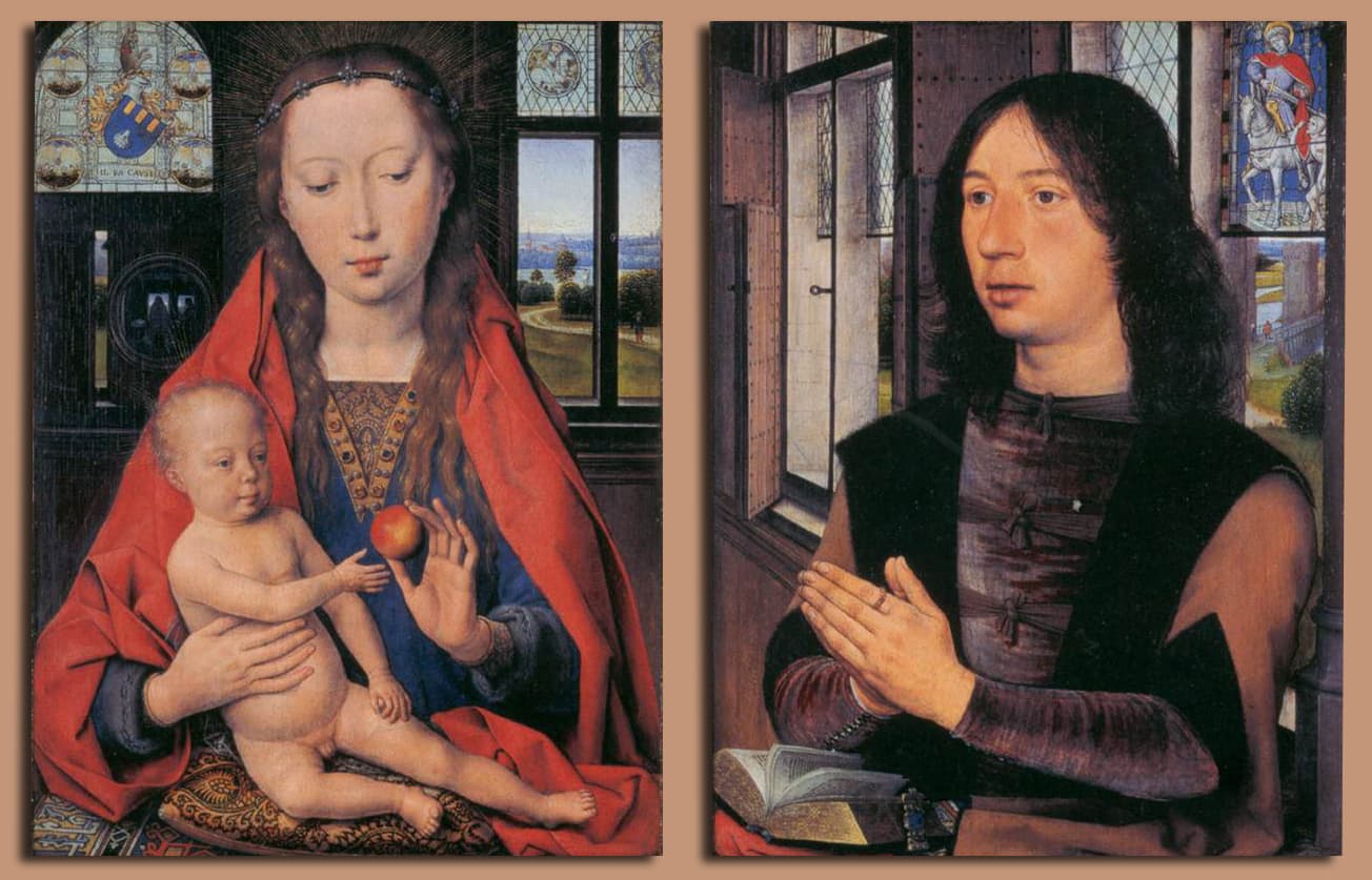 Hans Memling, Dyptyk Maartena van Nieuwenhove, 1487 - dwa osobne malarskie panele obok siebie, Madonna z Dzieciątkiem i fundator, pomyślane do czytania razem