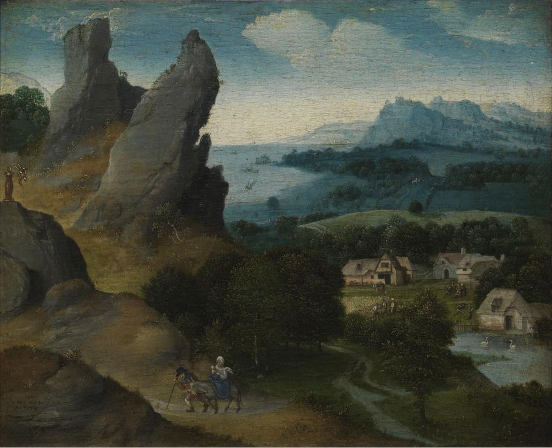 Joachim Patinir, Pejzaż z ucieczką do Egiptu, około 1516, olej na desce - rozległa, panoramiczna kraina widziana z wysoka, przez którą wiedzie wędrówka świętej rodziny; w pejzażu rozsiane osobne sceny i miejsca mijane po drodze, spięte jedną podróżą przez ten świat