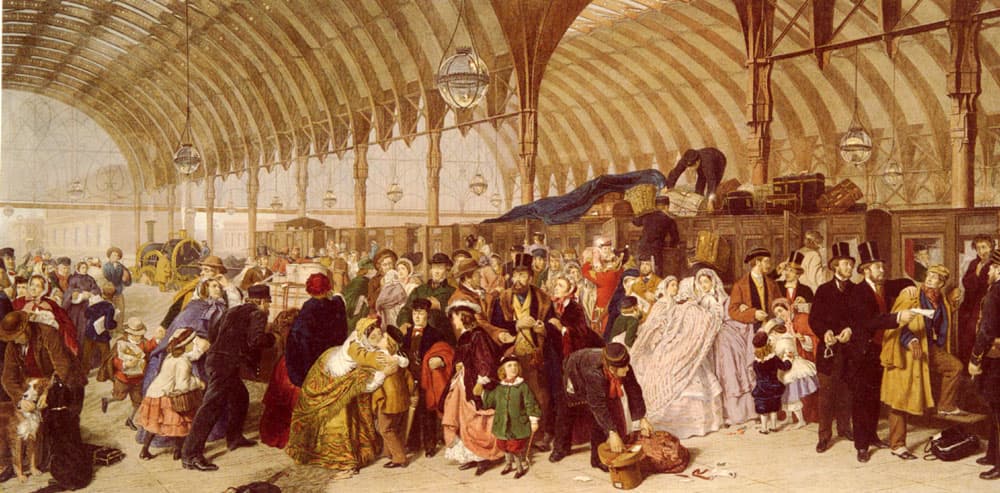 William Powell Frith, Dworzec kolejowy, 1862, olej - zatłoczony peron Paddington pod szklano-żeliwnym dachem; wiele osobnych grup i scenek naraz: pożegnania, rodzina przy pociągu, po prawej dwaj mężczyźni w cylindrach zatrzymują pasażera, na dachu wagonu tragarz układa kufry
