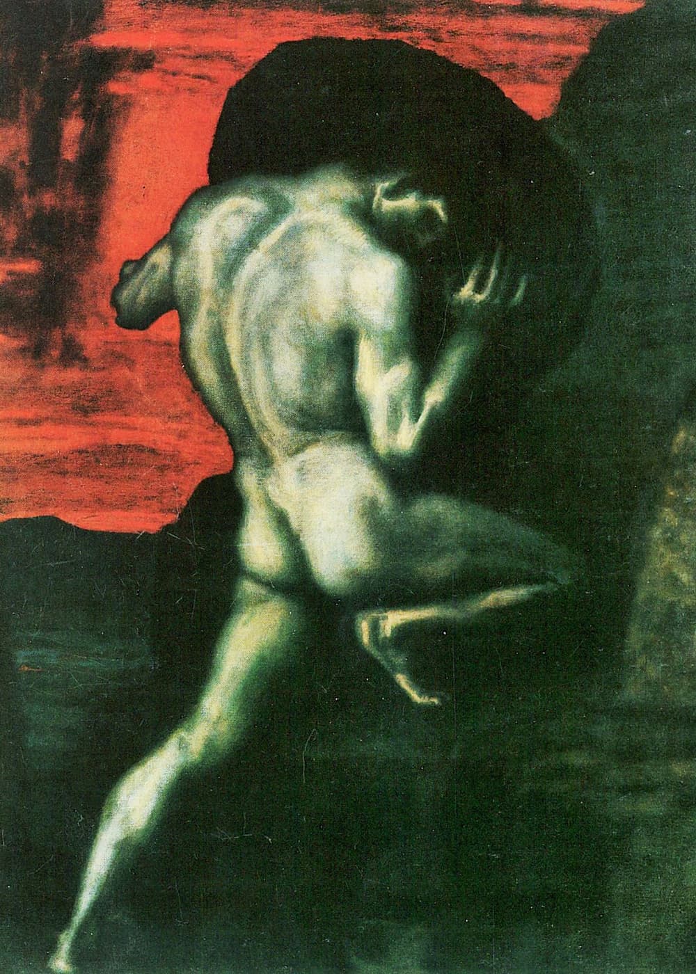 Franz von Stuck, Syzyf, 1920, olej - nagi muskularny mężczyzna w ogromnym wysiłku pcha pod górę wielki głaz na tle dramatycznie czerwonego nieba; głowa ginie pod bryłą, widać wyłącznie napięty grzbiet i wyciągniętą w tył nogę