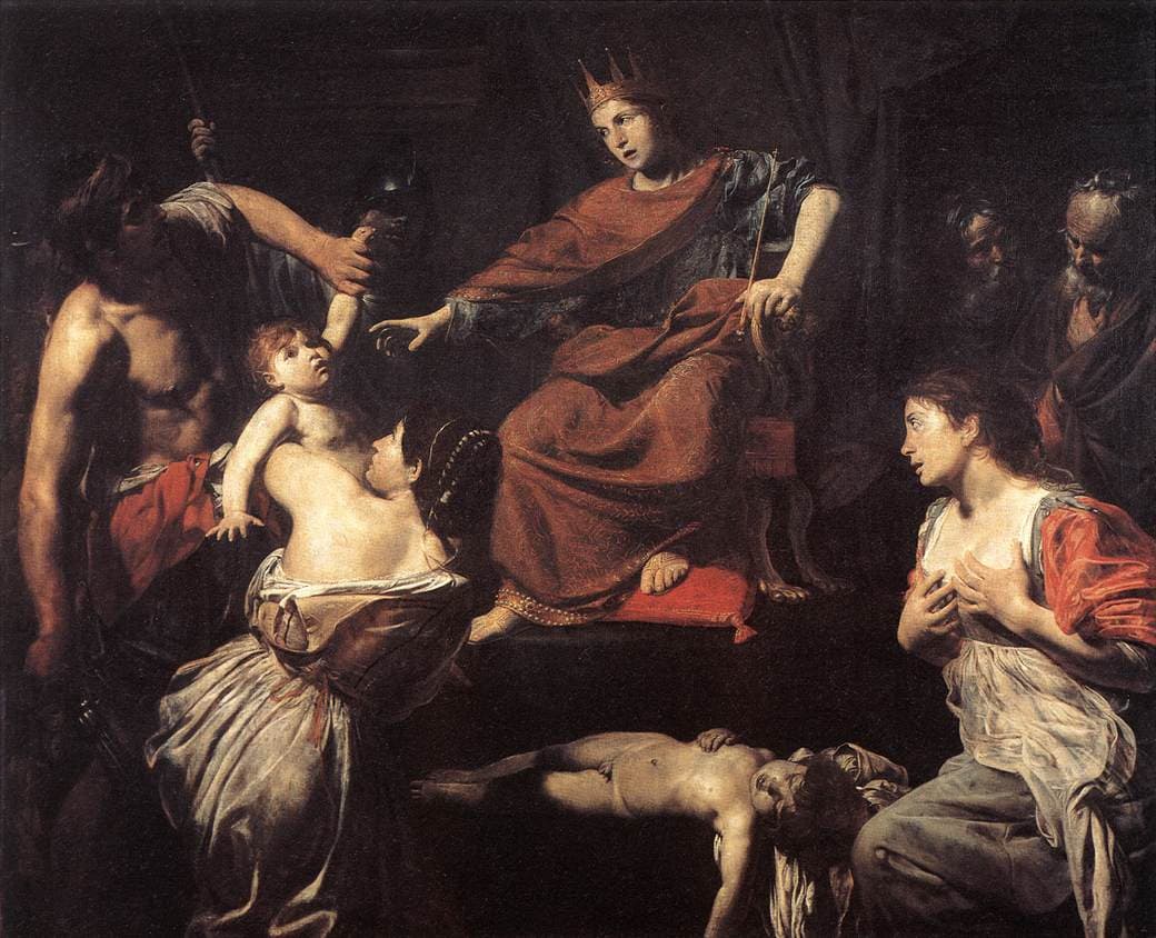 Valentin de Boulogne, Sąd Salomona (ok. 1625) — dwie kobiety, każda przysięga, że żywe dziecko jest jej, a król Salomon ma rozstrzygnąć, której wierzyć