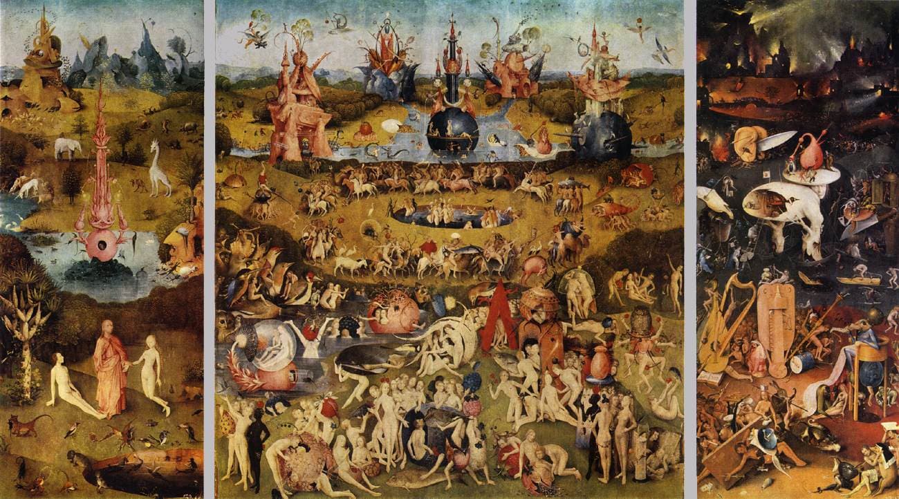 Warsztat Roberta Campina, Tryptyk Zwiastowania (Ołtarz Mérode), ok. 1427–1432, The Met Cloisters w Nowym Jorku — trzy tablice jednej sceny: po lewej fundatorzy klęczą przed uchylonymi drzwiami, w środku, na tablicy dwa razy szerszej od każdego skrzydła, anioł przychodzi do Marii w mieszczańskiej izbie, po prawej Józef siedzi w warsztacie pełnym narzędzi i wierci otwory w desce