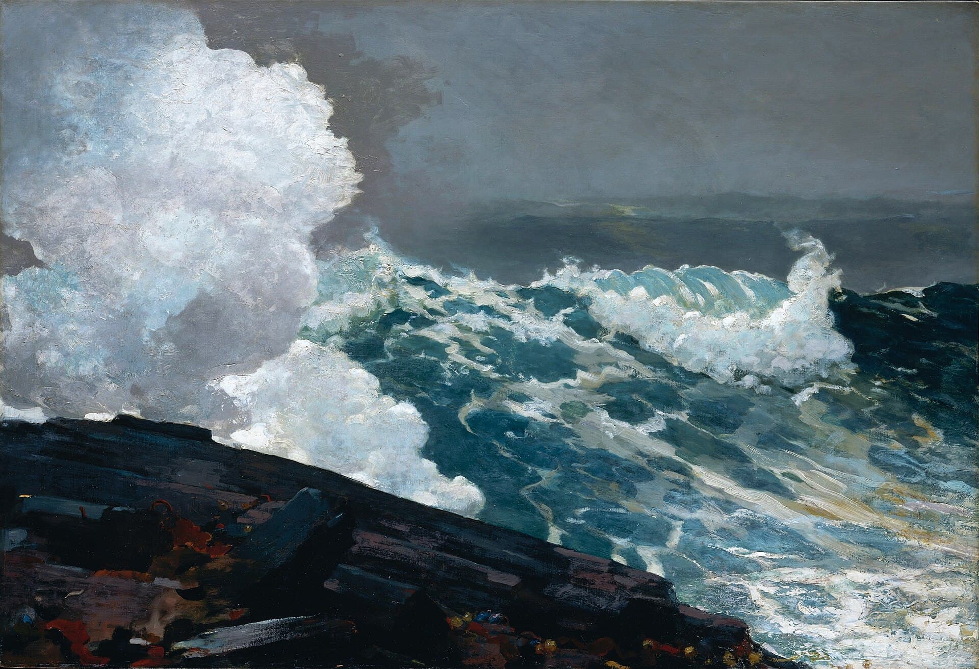 Winslow Homer, Sztorm północno-wschodni, 1895 - ciemne, spiętrzone morze uderza w niski mokry grzbiet skalny biegnący przez cały pierwszy plan; z uderzenia wystrzela w górę biały słup piany sięgający wyżej niż linia horyzontu, a niebo za nim jest jednolicie szare i puste