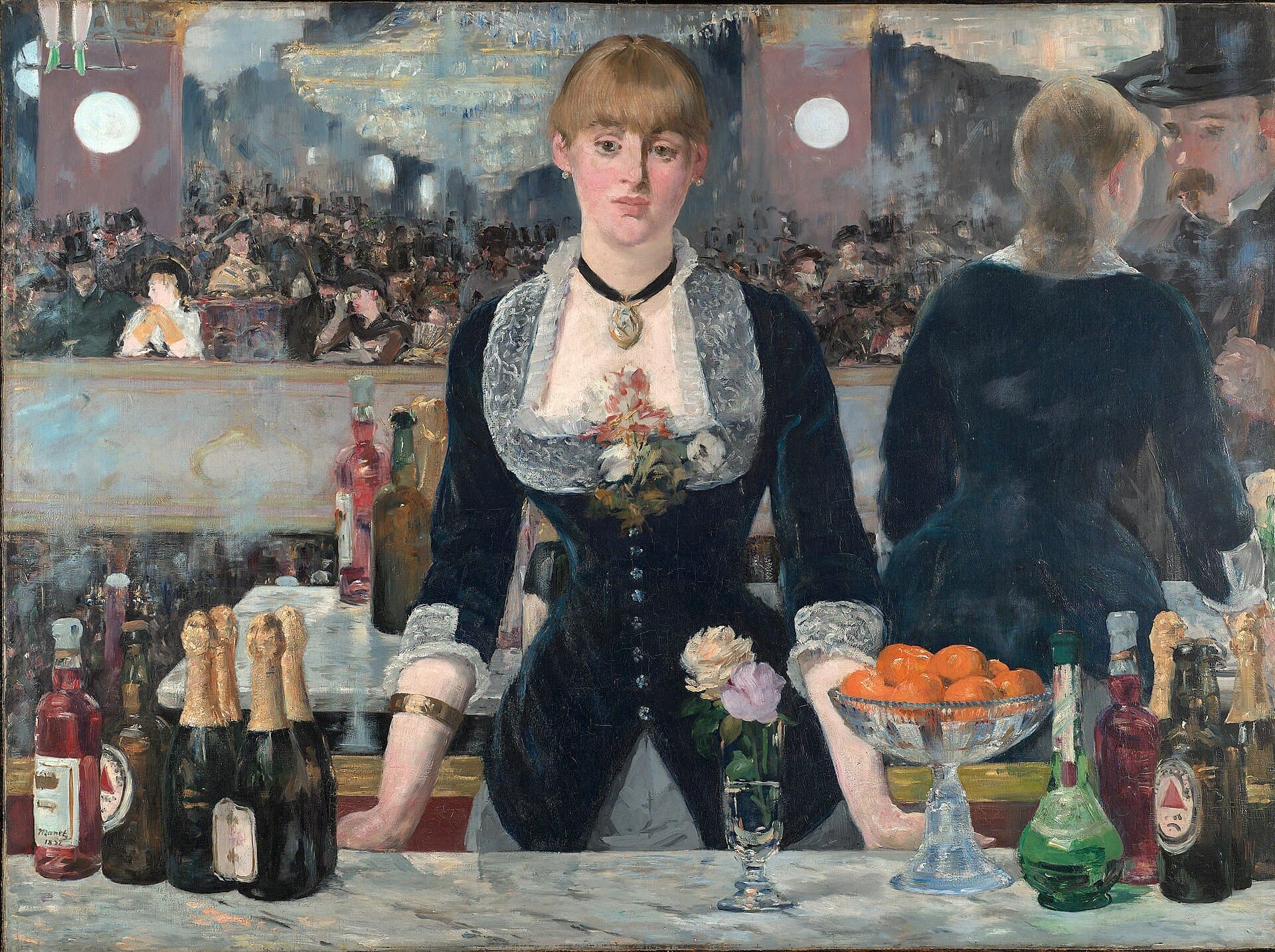 Édouard Manet, Bar w Folies-Bergère 1882, Courtauld Gallery — klasyczna wizualizacja subtekstu w malarstwie, gdzie odbicie w lustrze geometrycznie się nie zgadza