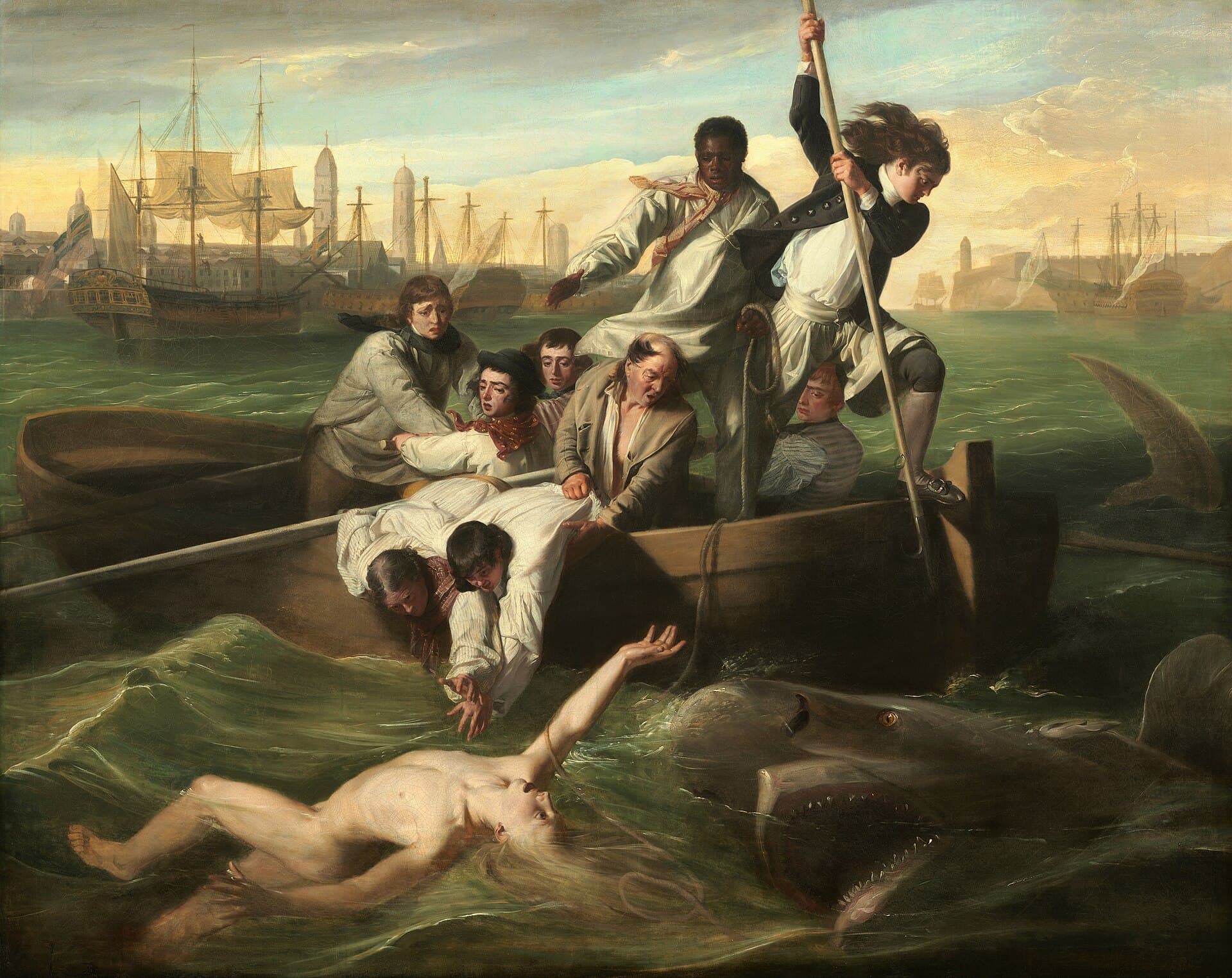 John Singleton Copley, Watson i rekin, 1778 — mętnozielona woda zatoki, w tle żaglowce, wieże miasta i forteca w ciepłym świetle. Na dole kadru nagi jasnowłosy chłopiec unosi się na plecach, z prawej sunie ku niemu szare cielsko rekina z płetwą wystawioną nad wodę, a w przechylonej łodzi tłoczy się dziewięciu mężczyzn.