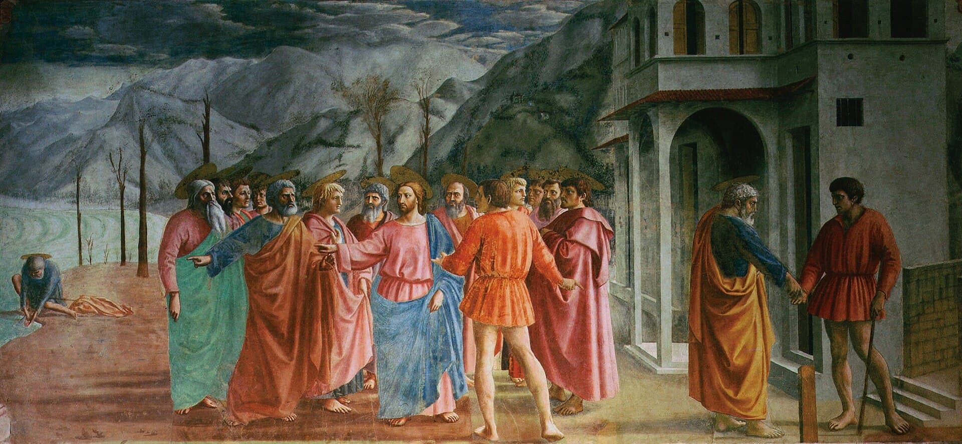 Masaccio, Grosz czynszowy ok. 1425, kaplica Brancaccich we Florencji — w jednym fresku trzy odsłony jednej historii: pośrodku Chrystus poleca Piotrowi zapłacić podatek, po lewej Piotr wyjmuje monetę z pyska ryby, po prawej wręcza ją poborcy; cała opowieść na jednej powierzchni