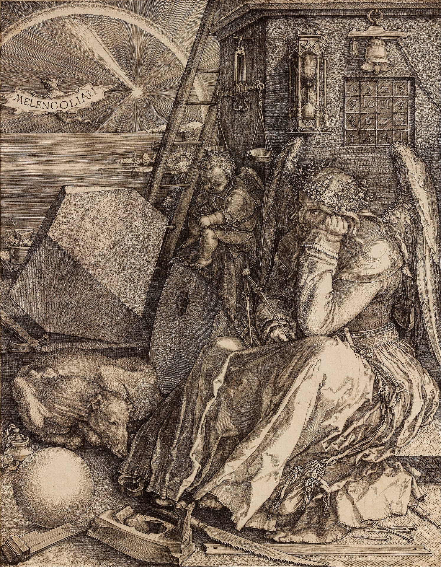 Albrecht Dürer, Melencolia I, 1514 — rycina: uskrzydlona postać z cyrklem w dłoni siedzi wsparta na ręce wśród porozrzucanych narzędzi ciesielskich, obok śpiący pies, kula i kamienny wielościan, w górze nietoperz ze wstęgą z napisem MELENCOLIA I