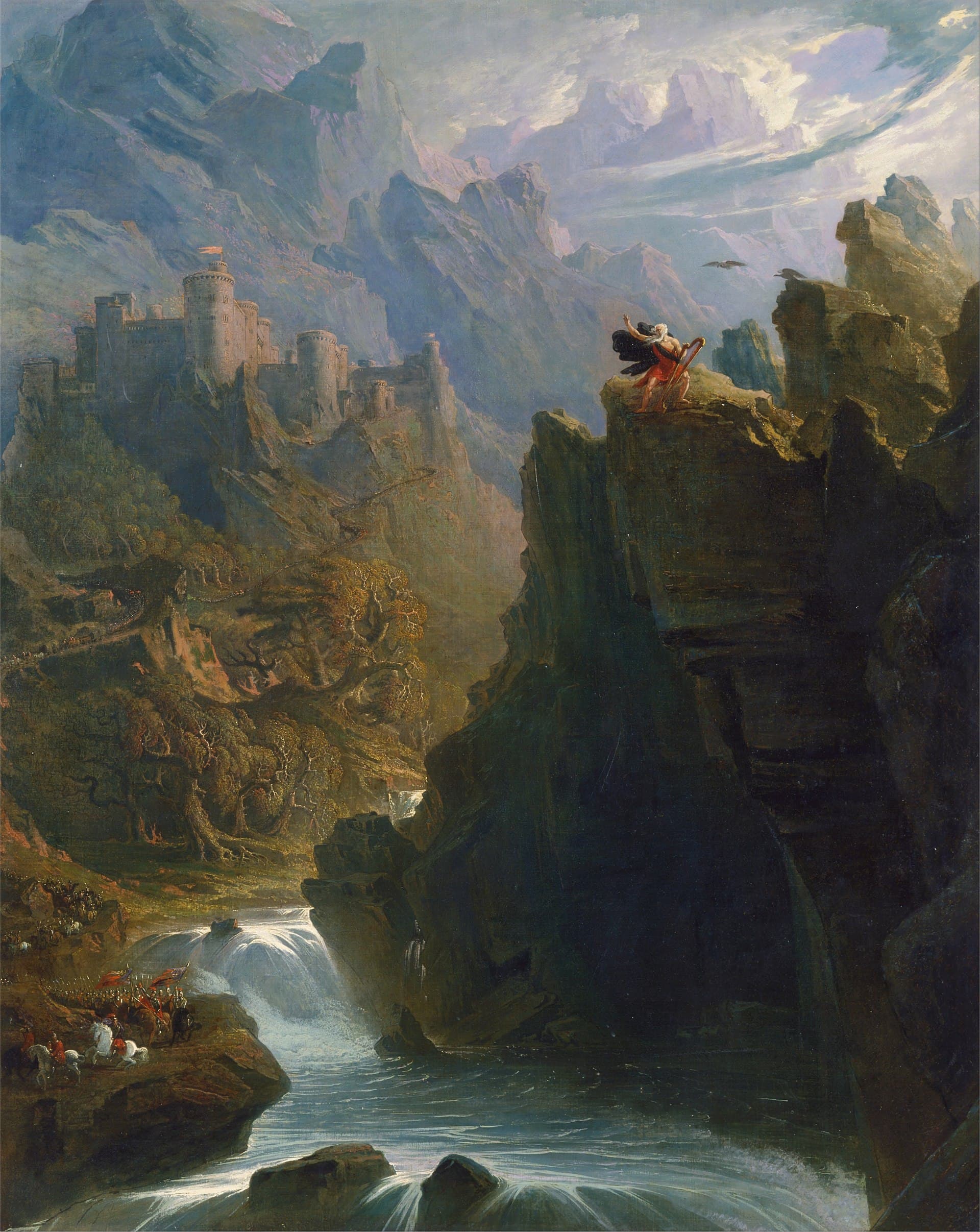 John Martin, Bard ok. 1817, Yale Center for British Art - na wysokiej skale nad rwącą rzeką stoi samotny bard z harfą i wzniesioną ręką, ciskając klątwę w maleńką armię najeźdźcy w dolinie pod ogromnym, rozświetlonym niebem pełnym chmur; romantyczny obraz pieśni jako pamięci i oporu podbitego ludu