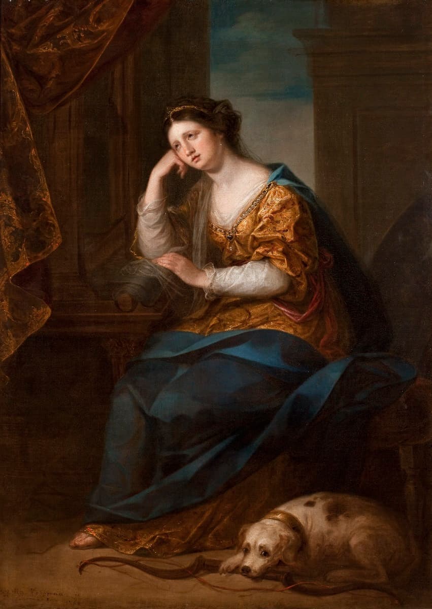 Angelica Kauffmann, Penelopa przy krośnie, 1764, olej na płótnie. Kobieta w złocistej haftowanej sukni z białymi rękawami, z niebieskim płaszczem na kolanach, ze złotą przepaską we włosach i przezroczystym welonem, siedzi bokiem przy pionowym krośnie. Głowę ma wspartą na prawej dłoni, wzrok skierowany w bok i w górę, poza obraz. Lewa dłoń spoczywa na dolnej belce krosna, na fałdzie przejrzystej tkaniny. U jej stóp leży duży pies z pyskiem opartym o łuk z czerwoną cięciwą. W tle kolumna i ciemna zasłona.