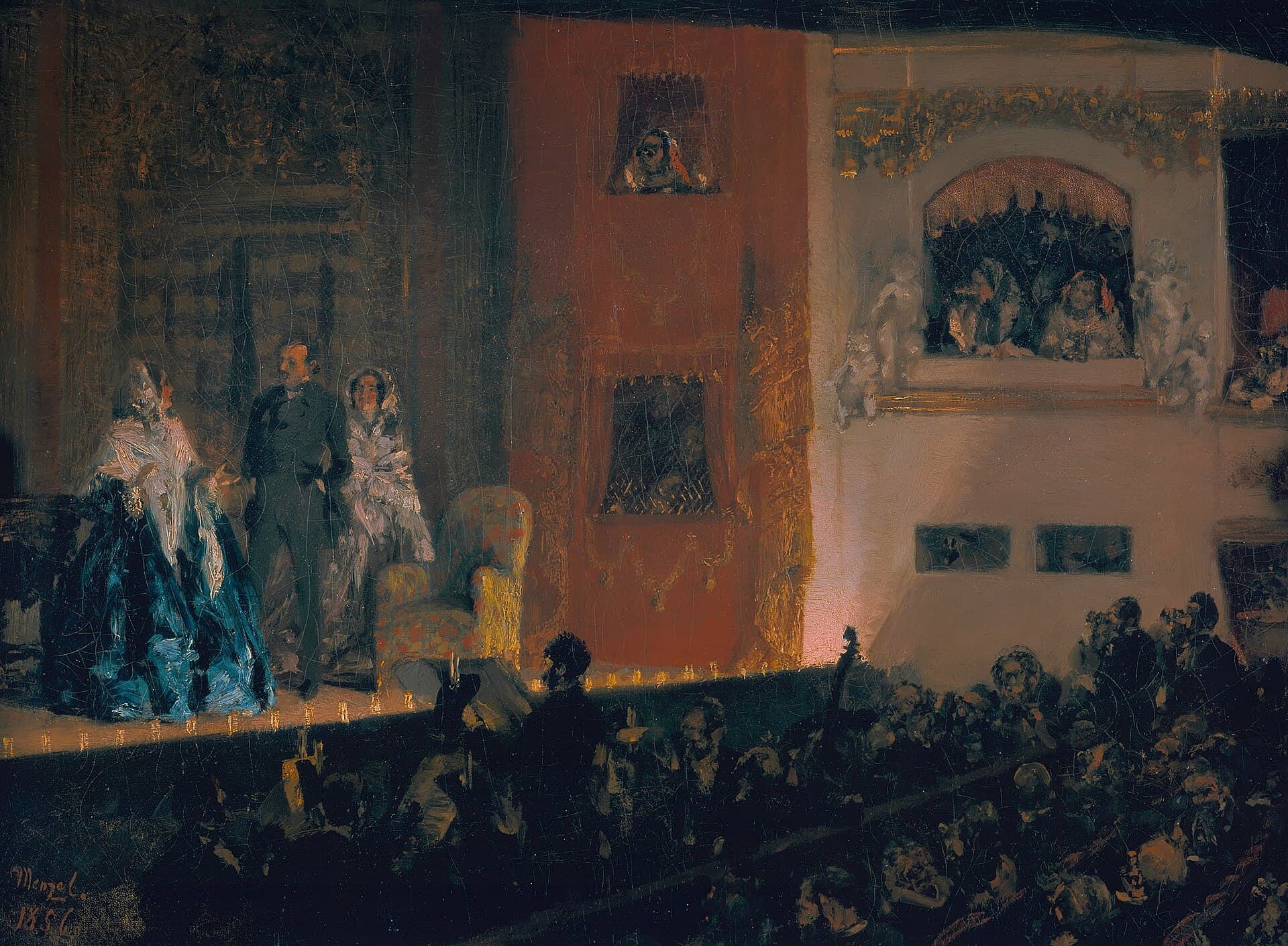 Adolph Menzel, Théâtre du Gymnase w Paryżu, 1856, olej na płótnie - wnętrze paryskiego teatru widziane z widowni: jasno oświetlona scena z aktorami w ramie proscenium, wydzielona z mroku lóż i parteru, ku której zwraca się ciemna sala - rozjaśniony prostokąt sceny wycięty z ciemności