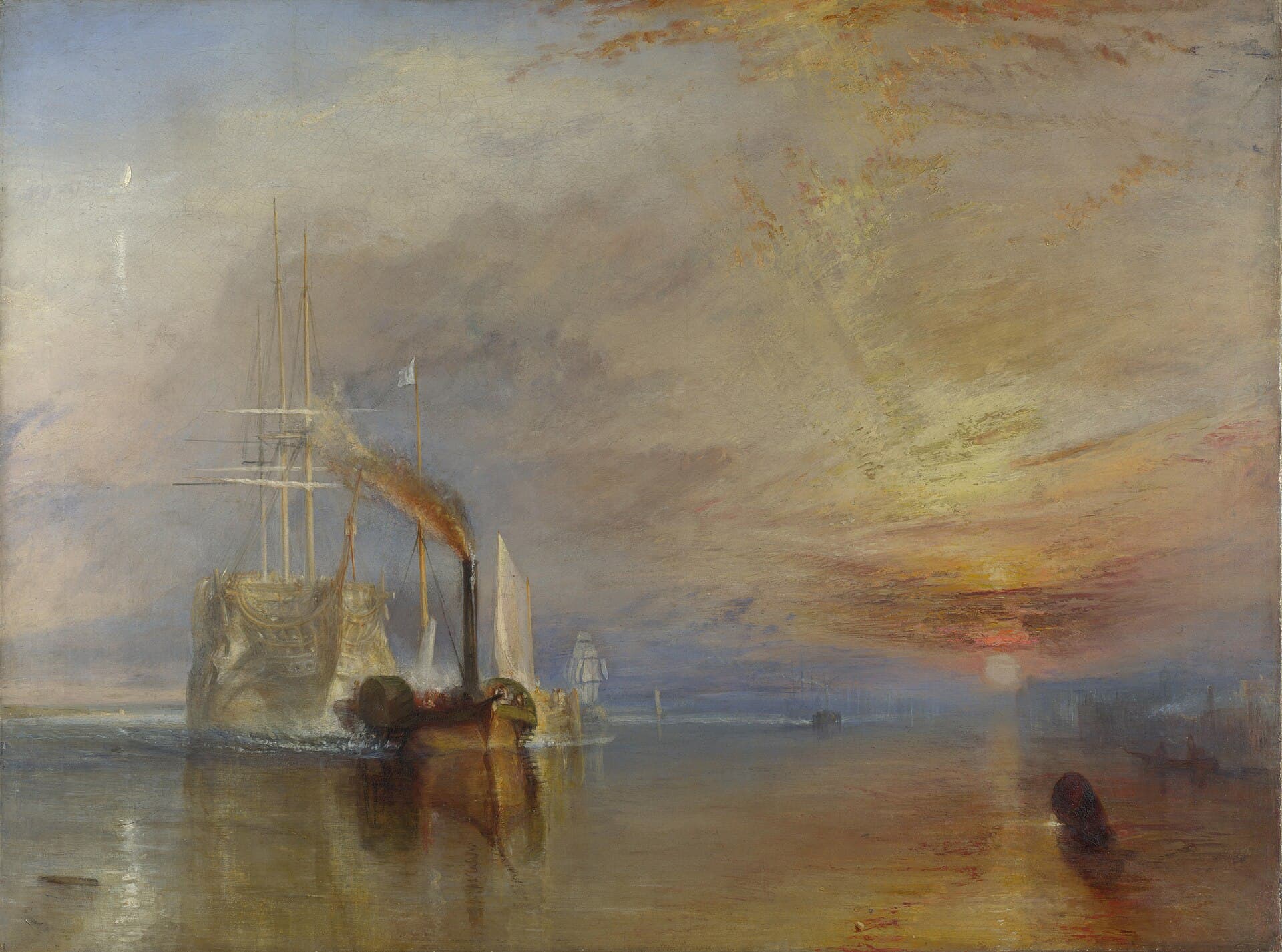 J.M.W. Turner, Ostatnia droga Temeraire'a 1839, National Gallery w Londynie - blady, wysoko wynurzony trójmasztowy okręt holowany po spokojnej rzece przez mały czarny parowiec z dymiącym kominem, po prawej czerwono-złoty zachód słońca, w lewym górnym rogu cienki sierp księżyca