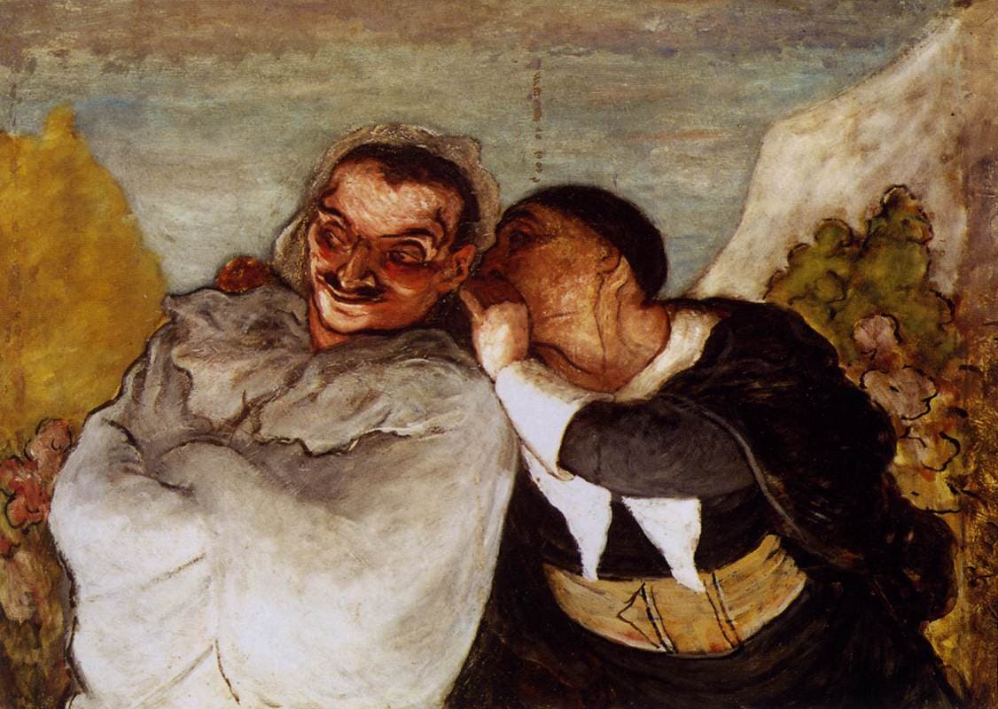 Honoré Daumier, Crispin i Scapin (ok. 1864) — dwaj farsowi spryciarze z komedii dell'arte, zawieszeni w komicznym momencie
