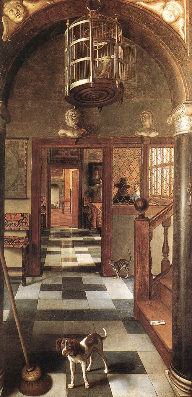 Samuel van Hoogstraten, Widok korytarza, 1662, Dyrham Park - spojrzenie z progu w głąb holenderskiego domu. Posadzka ułożona w czarno-białą szachownicę biegnie przez kolejne otwarte drzwi, coraz mniejsze, aż do jasnego pomieszczenia na końcu. Na pierwszym planie po lewej siedzi pies zwrócony pyskiem do patrzącego, w połowie sieni przechodzi kot, a wyżej po prawej wisi klatka z papugą i uchylonymi drzwiczkami. Po bokach widać skrawki bocznych pokoi.