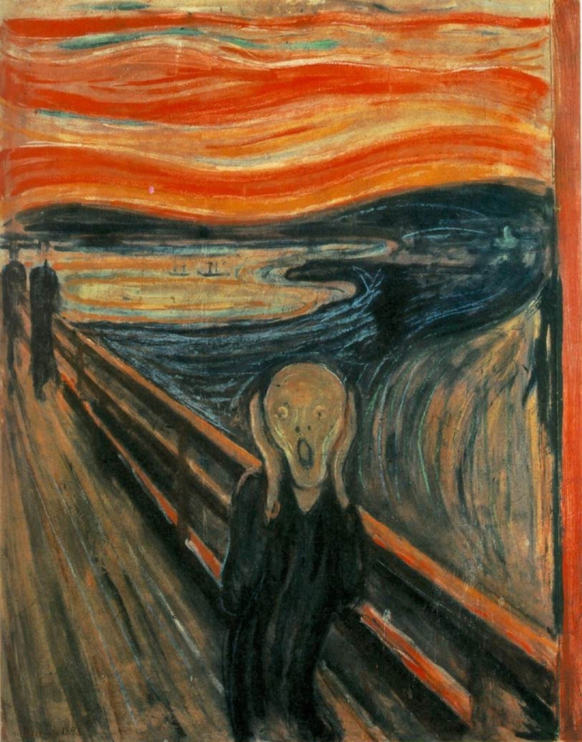 James Ensor, Intryga (1890) — wystrojona para idzie pod rękę środkiem obrazu, ona w szerokim kapeluszu z kwiatami, on w cylindrze i z kredowobiałą twarzą; ze wszystkich stron ciśnie się na nich tłum o wyszczerzonych, maskowatych twarzach, z prawej wystaje trupia czaszka i uniesiona lalka, a wszystkie spojrzenia są skierowane na parę.