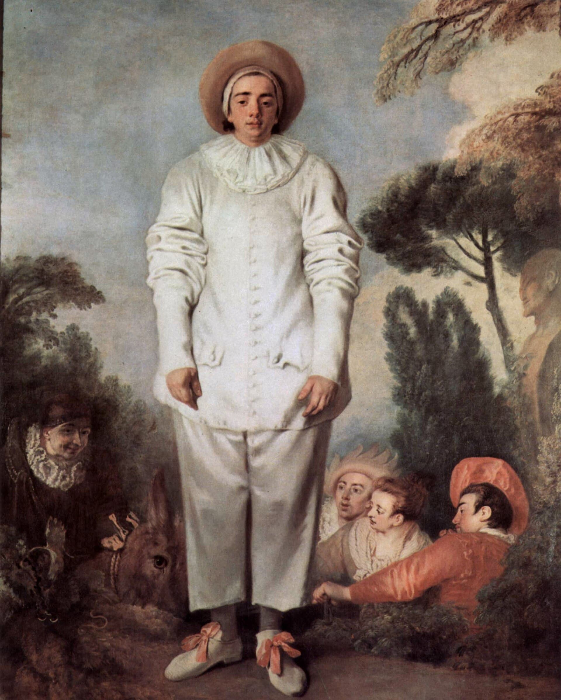 Antoine Watteau, Pierrot, dawniej zwany Gilles, ok. 1718-1719, Luwr — całopostaciowy portret aktora w za dużym jasnym stroju z jedwabiu, z płaskim kapeluszem na głowie i różowymi kokardami przy butach; stoi nieruchomo frontalnie na niewielkim pagórku, ręce ma opuszczone wzdłuż ciała, a poniżej, w cieniu, kilkoro ludzi prowadzi osła