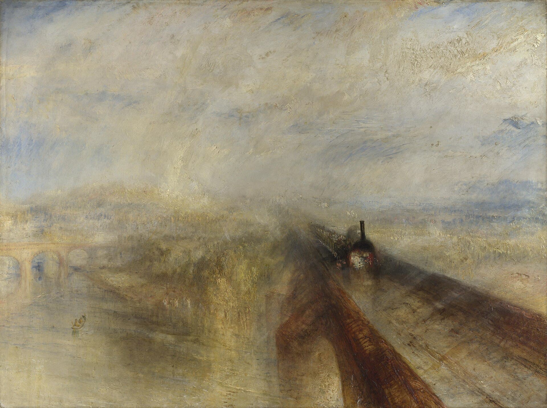 Joseph Mallord William Turner, Deszcz para i szybkość kolej Great Western 1844, National Gallery - ciemna lokomotywa pędzi po moście przez deszcz, parę i mgłę wprost ku widzowi, rozmywając pejzaż; w tle stara łódź i koń u pługa jako znaki wolniejszego świata; obraz rewolucji prędkości i kurczenia się odległości