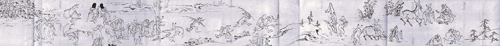 Chōjū-giga, fragment pierwszego zwoju, tusz na papierze, XII–XIII w., klasztor Kōzan-ji w Kioto — pozioma sekwencja scen z antropomorficznymi zającami, żabami i małpami, płynących jedna w drugą wzdłuż rozwijanego zwoju; opowieść prowadzona scena po scenie, bez ramek i słów