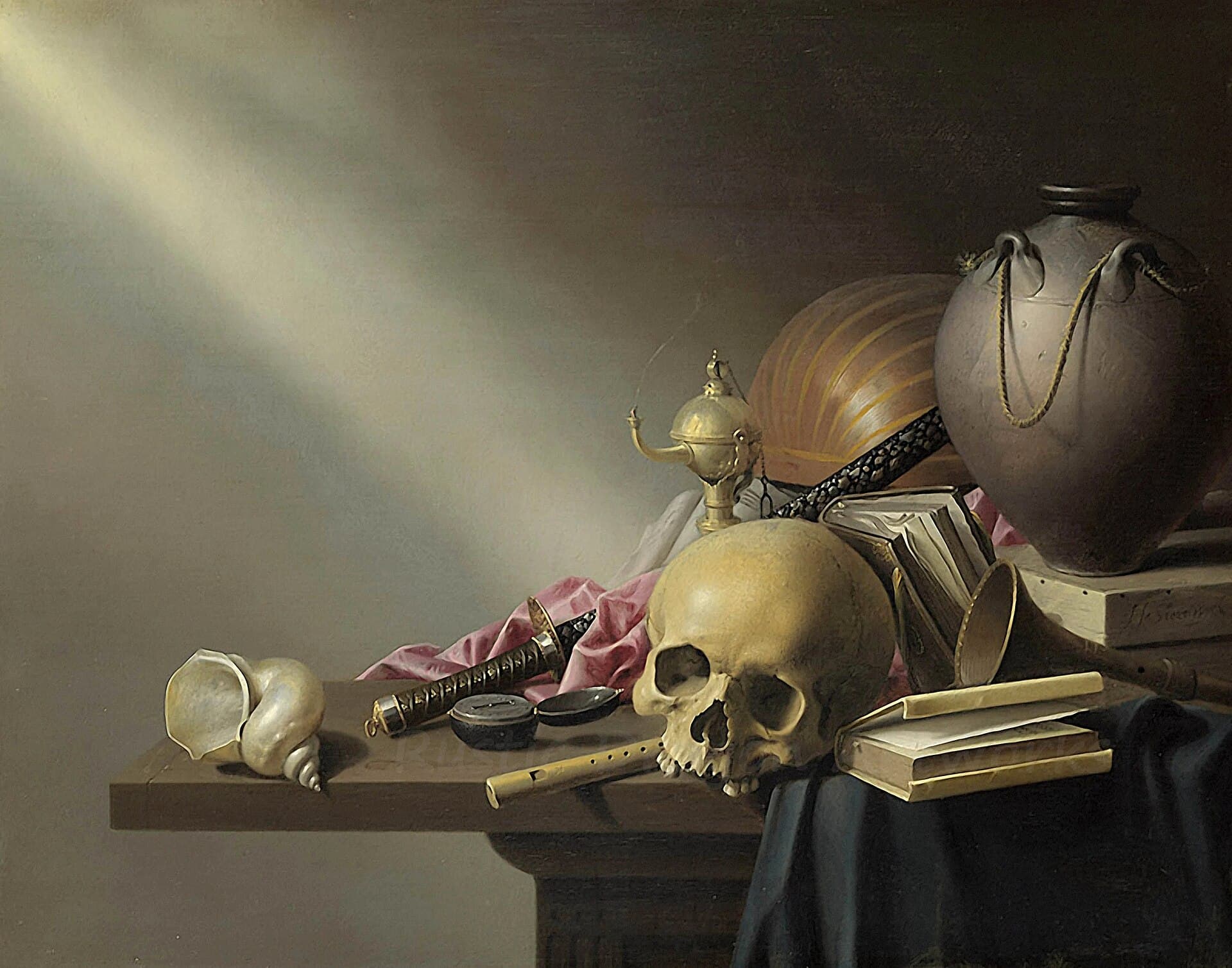Harmen Steenwijck, Vanitas (Alegoria marności ludzkiego życia), ok. 1640, National Gallery w Londynie - martwa natura typu vanitas: na kamiennym stole, w smudze światła przecinającej mrok, leży ludzka czaszka otoczona doczesnymi przedmiotami - lutnią, ozdobnym japońskim mieczem, książkami, muszlą, dzbanem i niewielkim zegarkiem; cała kompozycja przypomina o przemijaniu i o tym, że czas nieubłaganie ucieka