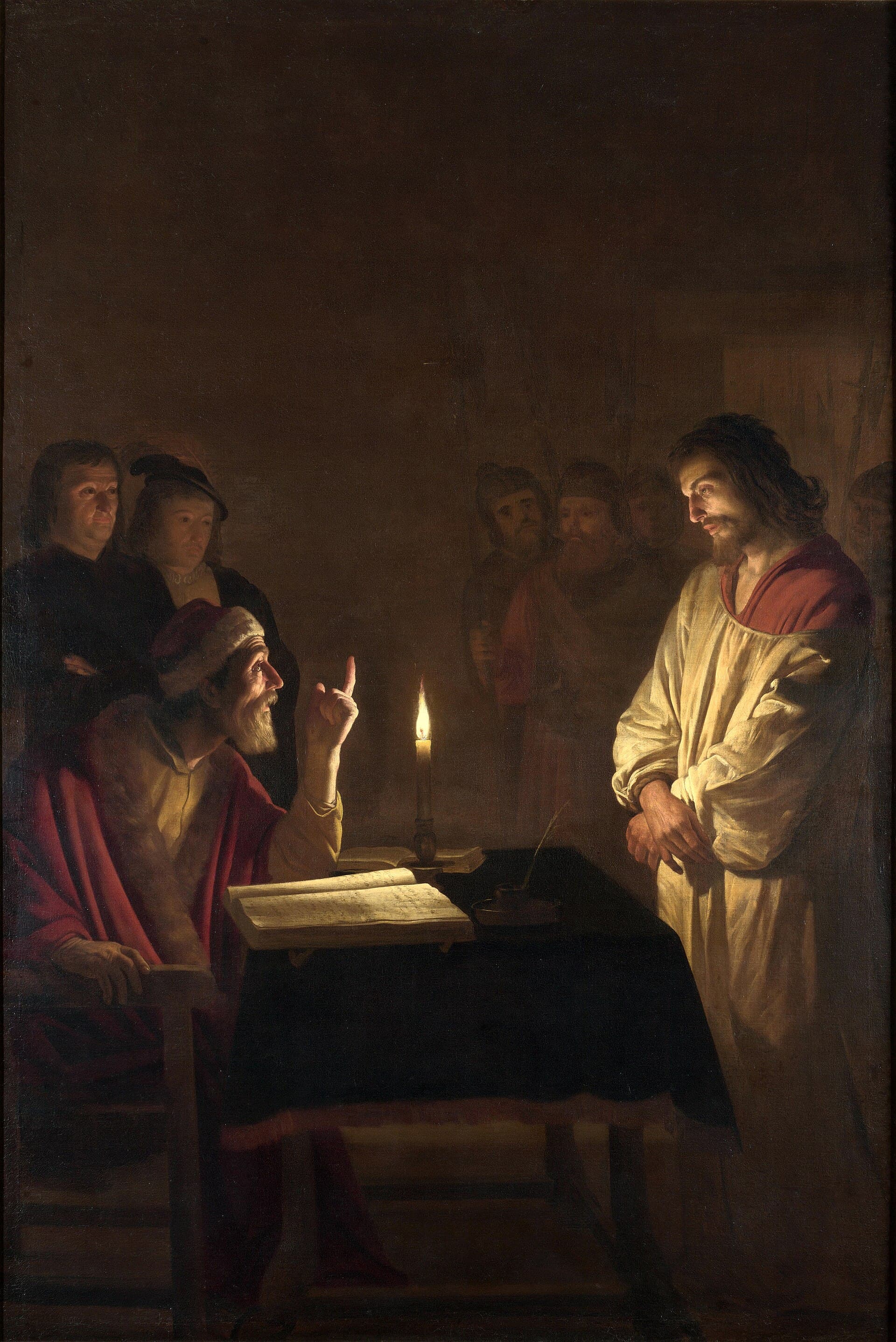 Gerrit van Honthorst, Chrystus przed arcykapłanem (ok. 1617) - oskarżony stoi w milczeniu, gdy arcykapłan zadaje pytania przy świecy