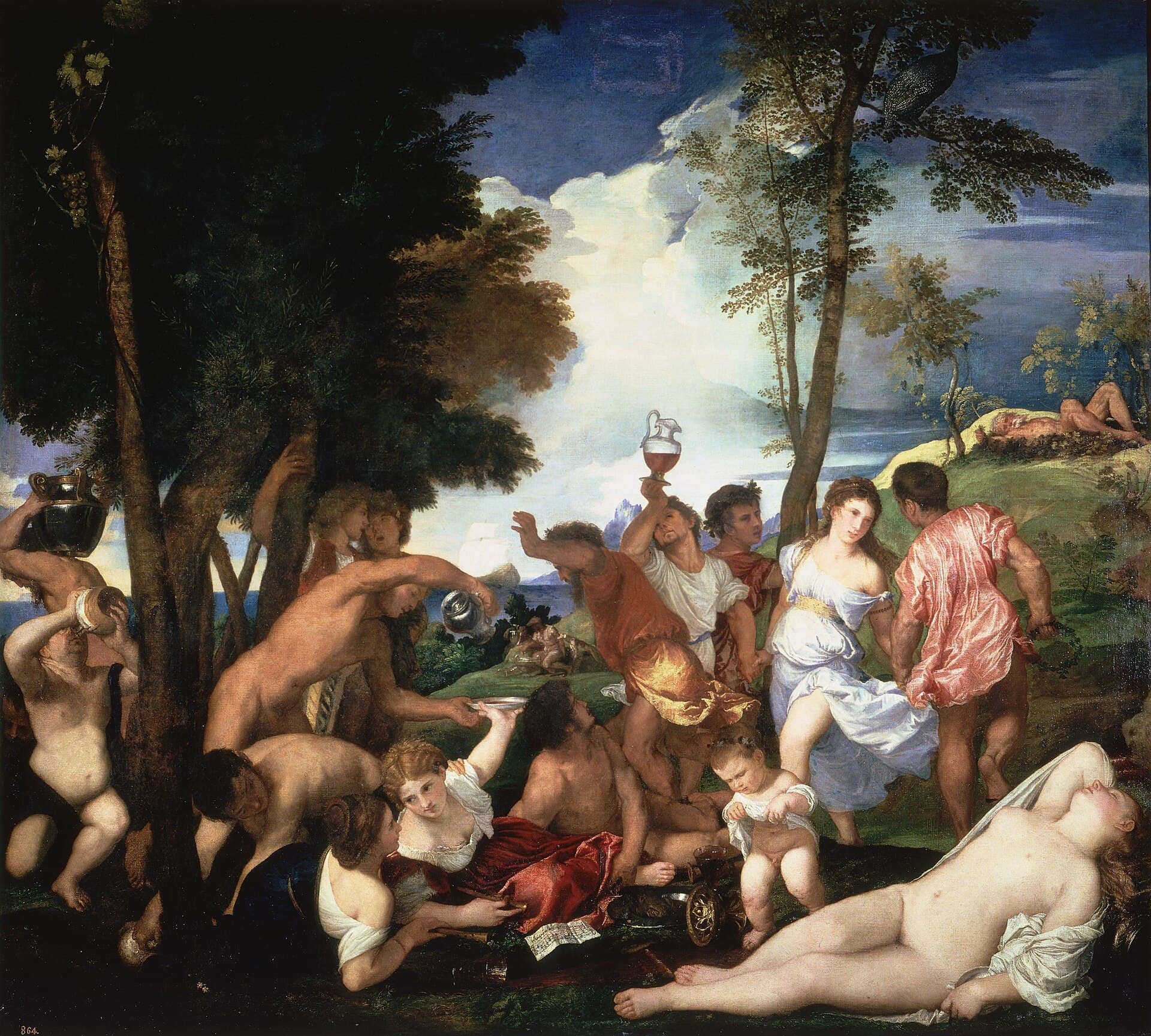 Tycjan, Bachanalia na Andros ok. 1523-26, Museo del Prado - rozświetlona scena na wyspie, gdzie grupa półnagich biesiadników pije wino ze strumienia, tańczy, śpiewa i osuwa się w upojenie, a z boku śpi naga kobieta; renesansowy obraz zbiorowego, niemal sakralnego odmienionego stanu wywołanego winem