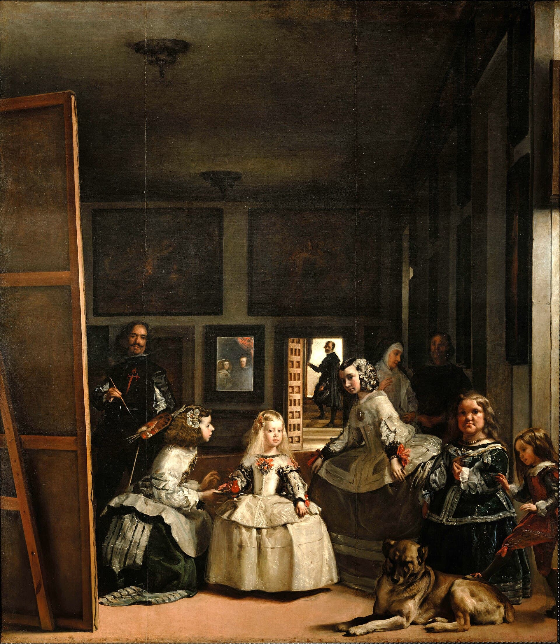 Diego Velázquez, Las Meninas, 1656 — w mrocznej sali pałacowej pośrodku stoi jasnowłosa dziewczynka w srebrzystej sukni z opuszczonymi rękami, po jej bokach dwie dwórki, z których jedna przyklęka i podaje jej czerwone naczyńko. Z lewej wznosi się ogromne płótno ustawione tyłem do widza, przy nim malarz z paletą i pędzlem, z prawej kobieta w ciemnej sukni i chłopiec z nogą opartą o leżącego psa, a na tylnej ścianie małe lustro z odbiciem dwóch postaci i otwarte drzwi z sylwetką mężczyzny na schodach.