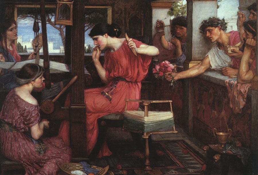 John William Waterhouse, Penelopa i zalotnicy, 1912 — kobieta w koralowej sukni siedzi bokiem przy warsztacie tkackim, palce jednej dłoni trzyma przy ustach, w drugiej czółenko; obok pracują dwie kobiety, jedna siedzi na podłodze przy koszu z kłębkami. Przez szeroki otwór okienny z prawej wychylają się do środka młodzi mężczyźni: jeden w wieńcu laurowym wyciąga ku niej pęk różowych róż, pozostali trzymają lirę, złotą czarę i sznur paciorków.
