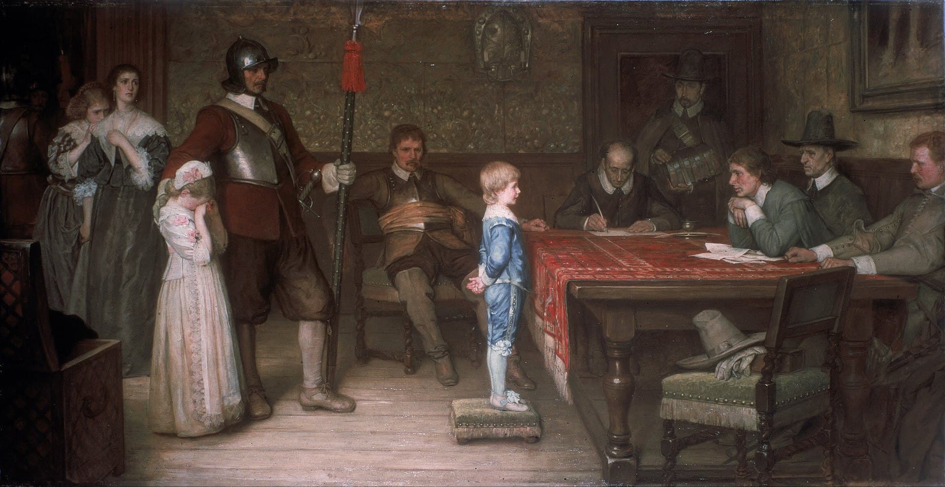William Frederick Yeames, A kiedy ostatnio widziałeś swojego ojca? (1878, Walker Art Gallery w Liverpoolu) — jasnowłosy kilkulatek w błękitnym ubranku stoi pośrodku izby na niskim podnóżku, z rękami założonymi z tyłu, zwrócony ku długiemu stołowi nakrytemu czerwonym kobiercem, przy którym siedzą mężczyźni w ciemnych strojach i kapeluszach, a jeden z nich pisze piórem. Po lewej stronie dziewczynka w jasnej sukni zasłania twarz dłońmi, za nią stoją dwie kobiety, a przed nimi żołnierz w hełmie i czerwonym kaftanie, oparty o drzewce halabardy.