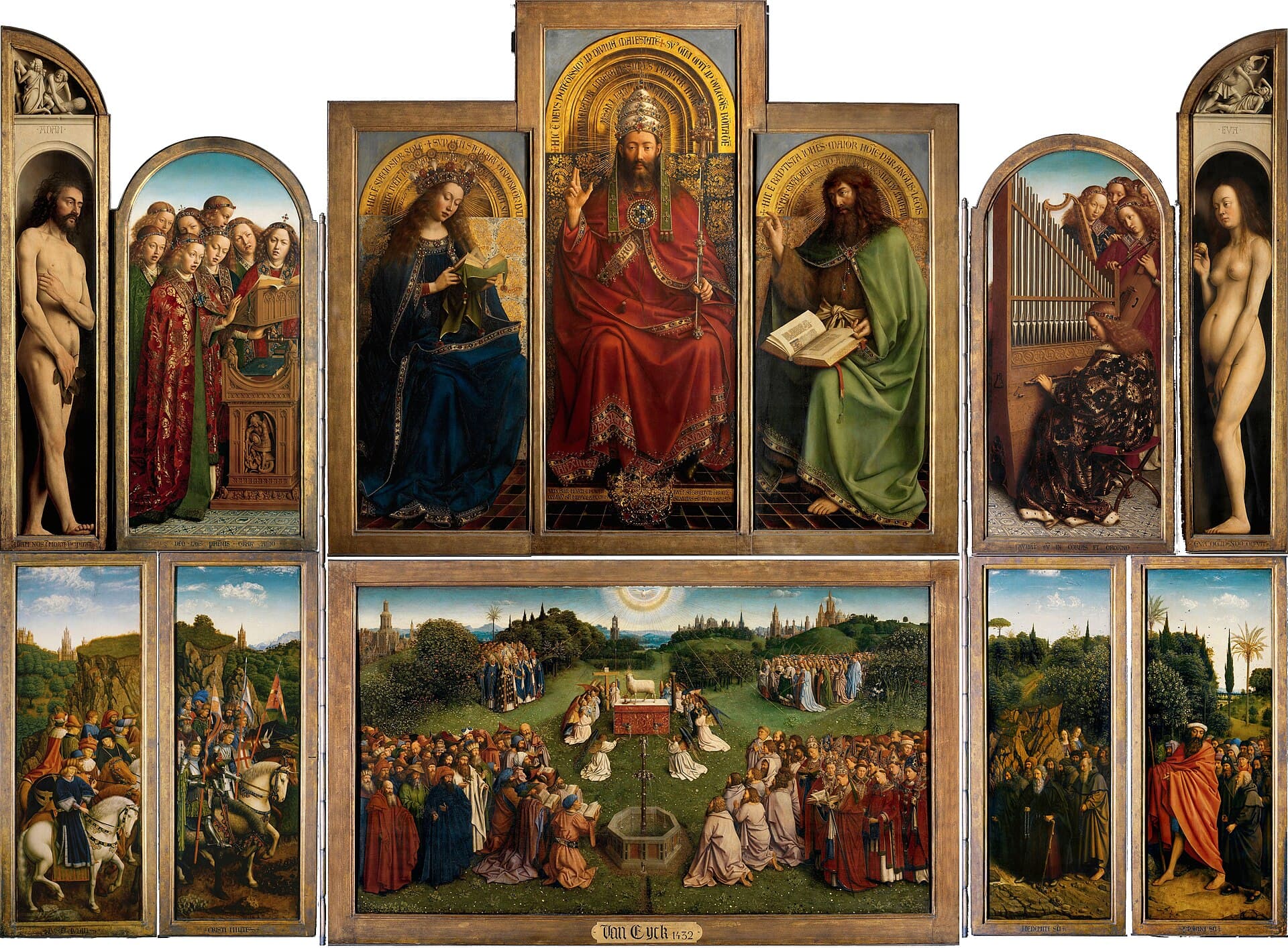 Jan i Hubert van Eyck, Ołtarz gandawski, 1432, poliptyk, olej na desce, widok otwarty - wielkie skrzydłowe retabulum złożone z kilkunastu osobnych tablic: u góry postać Boga na tronie między Marią a Janem, grające i śpiewające anioły oraz nadzy Adam i Ewa na bokach, na dole rozległy zielony pejzaż z Adoracją Baranka i schodzącymi się ku niemu procesjami; osobne panele tworzą jedną całość